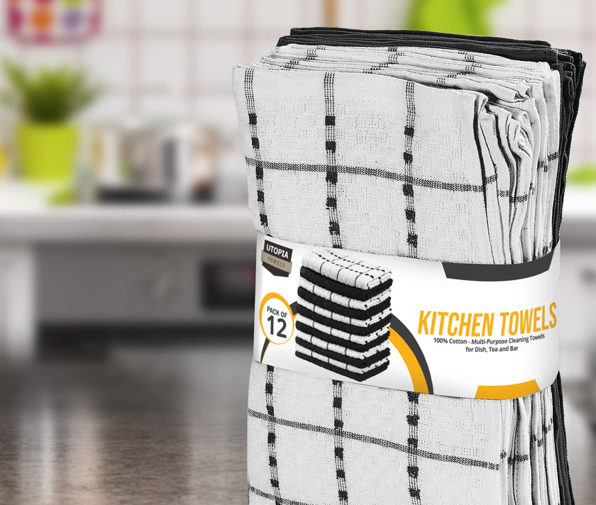Utopia Towels Kitchen Towels, 12 Pack, 15 by 25 Inches, Dobby Weave, 100% Ring Spun Cotton, Super Soft and Absorbent Dish, Tea, and Bar Towels, Black 🍁 All In One Marketplace Canada
