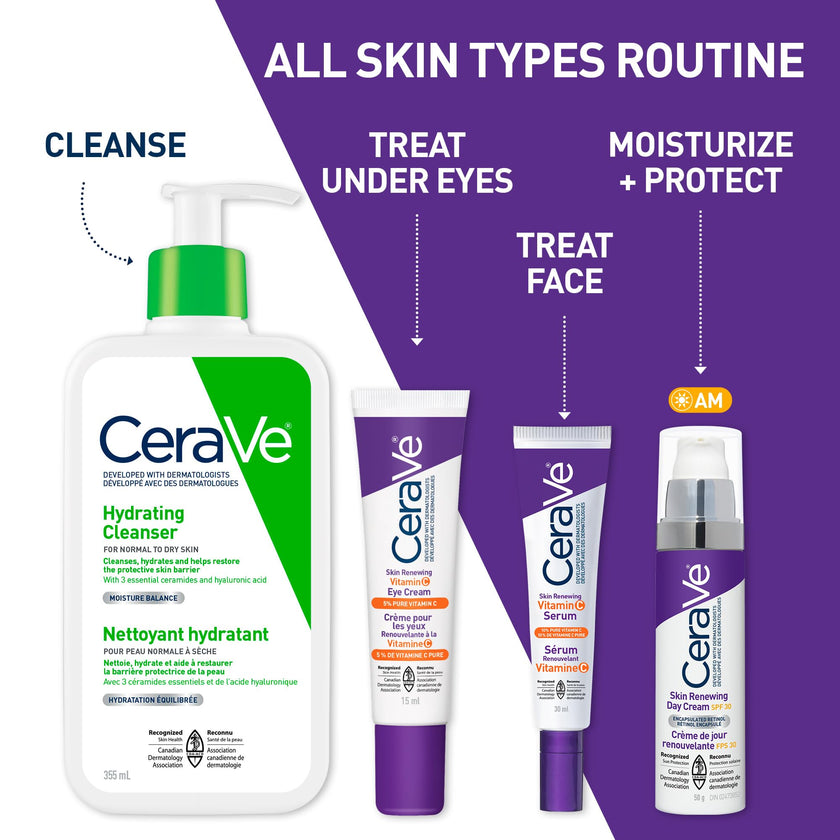 CeraVe Skin Renewing Vitamin C Eye Cream for Dark Circles & Fine Lines with 5% Pure Vitamin C, Hyaluronic Acid, & Caffeine, Hydrating & Brightening Anti-Aging Eye Treatment, Fragrance-Free, 15mL 🍁 All In One Marketplace Canada