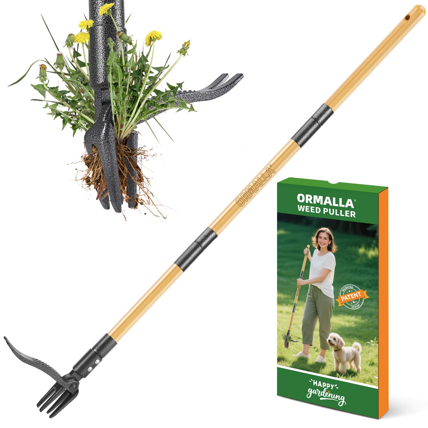 ORMALLA Weed Puller, 43.7in Long Handle Weed Remover, Dandelion Removal Tool, Natural Bamboo Handle and 4 Claws, Stand Up Garden Weed Root Remover, Pet Friendly (43.7in) 🍁 All In One Marketplace Canada