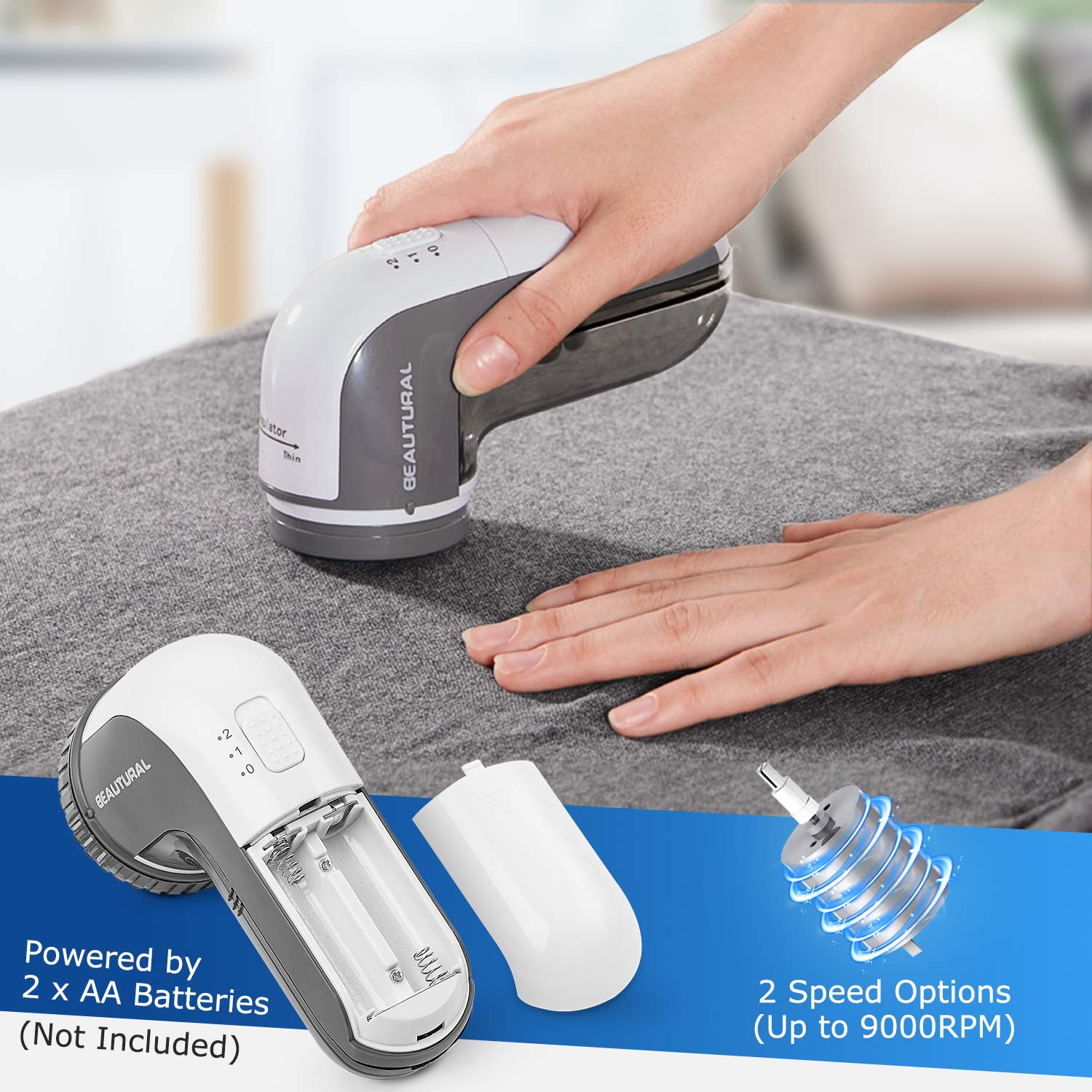 BEAUTURAL Fabric Shaver and Lint Remover, Sweater Defuzzer with 2-Speeds, 2 Replaceable Stainless Steel Blades, Battery Operated, Remove Clothes Fuzz, Lint Balls, Pills, Bobbles 🍁 All In One Marketplace Canada