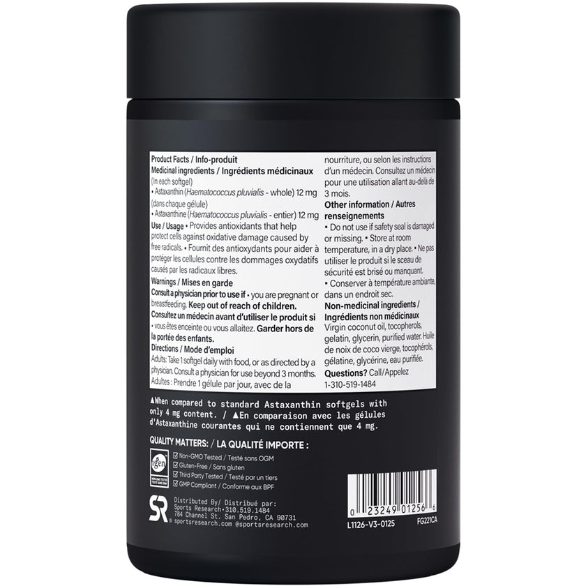 Sports Research® Triple Strength Astaxanthin Supplement from Algae w/Organic Coconut Oil - Natural Support for Skin & Eye Health - Non-GMO & Gluten Free - 12mg, 60 Softgels - 2 Month Supply 🍁 All In One Marketplace Canada