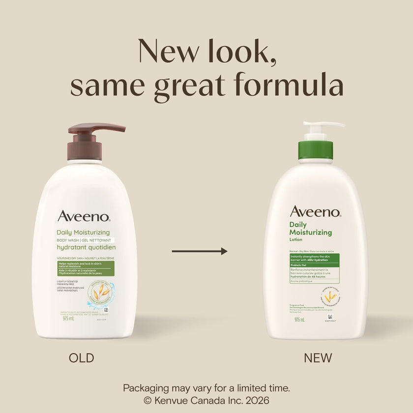 Aveeno Daily Moisturizing Body Lotion with Soothing Prebiotic Oat, Gentle Lotion Nourishes Dry Skin With Moisture, Paraben-, Dye- & Fragrance-Free, Non-Greasy & Non-Comedogenic, 975 ml 🍁 All In One Marketplace Canada