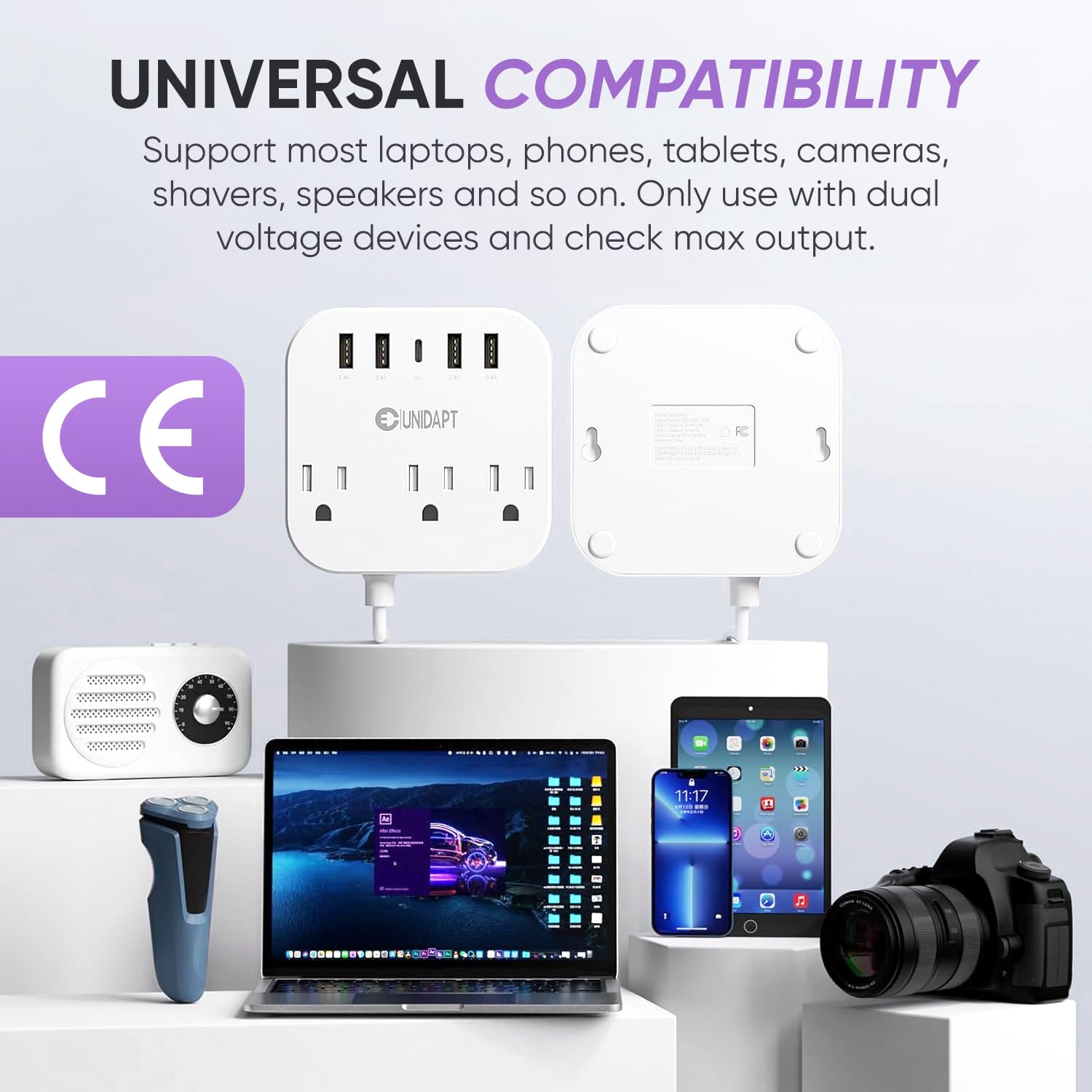 Unidapt European Plug Adapter, Unidapt US to UK Europe Power Strip for EU/UK/US with USB C and 4 USB Ports, 3 AC Outlets, Wall Mountable, 5ft Cord, for Travel Cruise Ship Home (WSS-603) 🍁 All In One Marketplace Canada