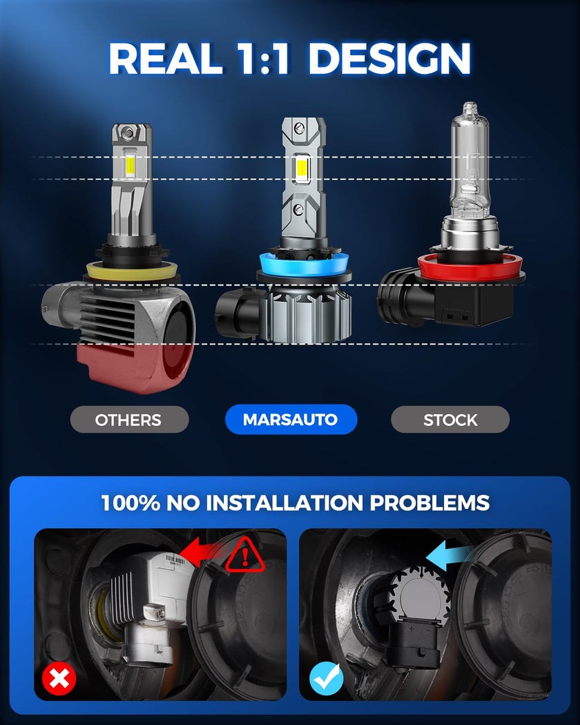 Marsauto H11 H9 H8 LED Headlight Bulbs, 900% Super Bright, Real 1:1 Design LED Bulbs, 6000K Cool White Halogen Replacement, 3 Mins Plug and Play, IP68, Pack of 2 🍁 All In One Marketplace Canada