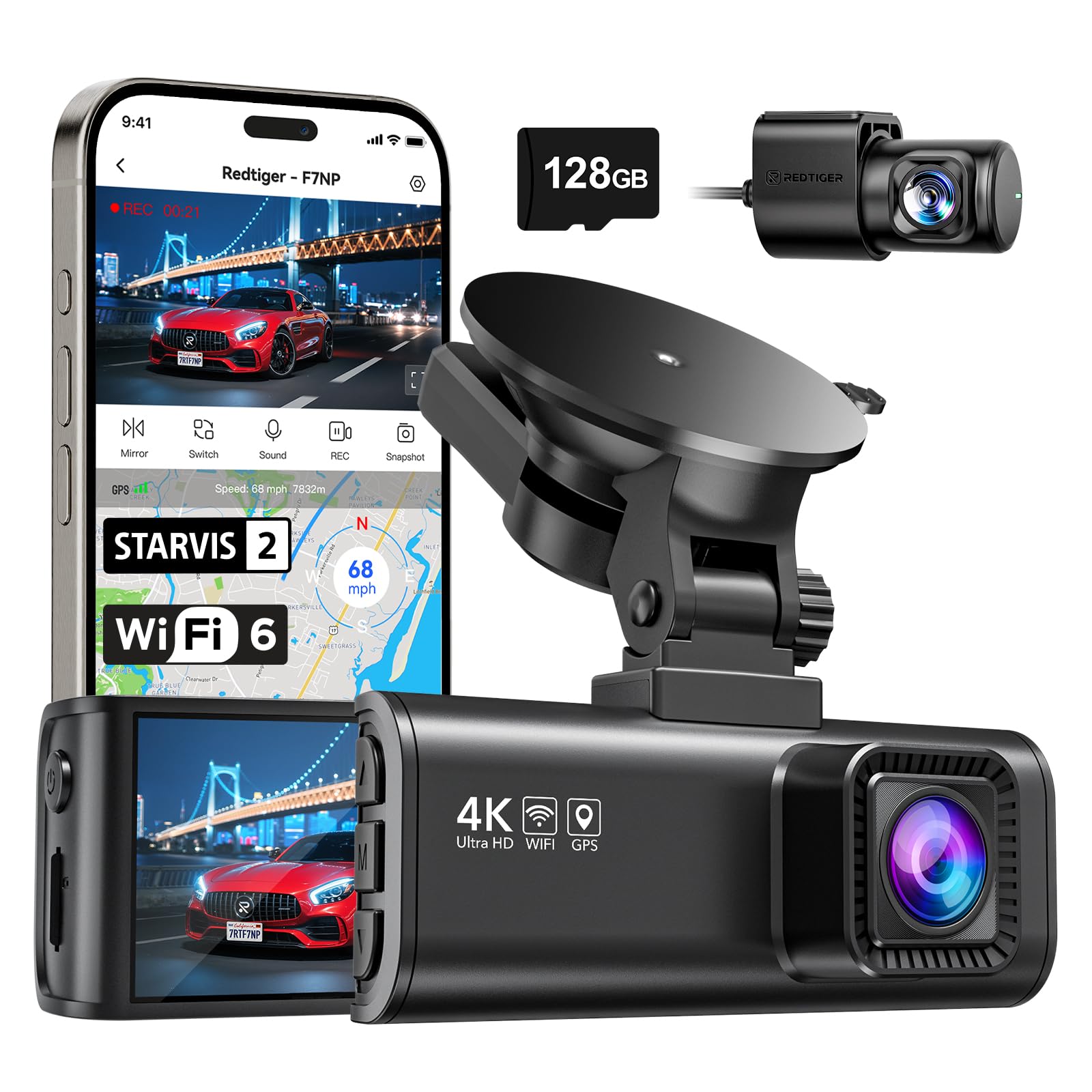 REDTIGER 4K Dash Cam Front and Rear with STARVIS 2, 5.8GHz Wi-Fi Dash Camera for Cars, 128GB Card Included, GPS, 3.18”IPS Screen, Night Vision, 170°Wide Angle, WDR, 24H Parking Mode(F7NP) 🍁 All In One Marketplace Canada