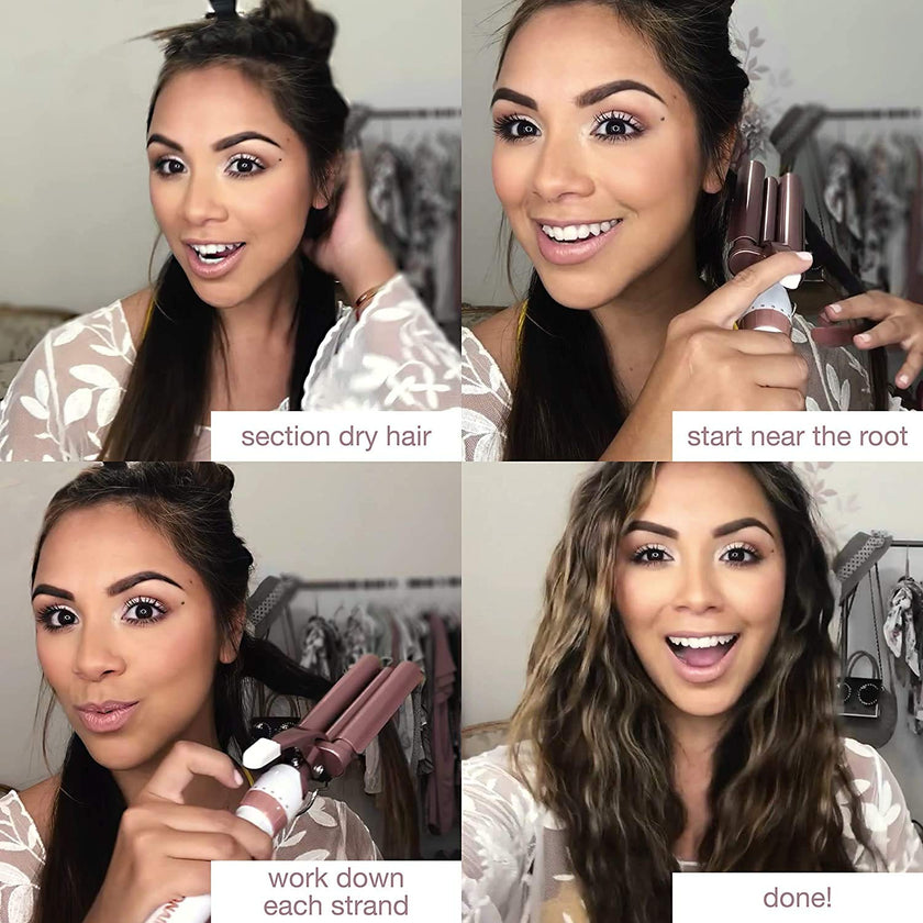 Conair CD704C Double Ceramic Triple Barrel Curl Styling Waver, Deep waves, Long lasting nautral tight waves for all hair lengths, Turbo Heat® – up to 68°F (20C) burst of heat, White/ Rose Gold 🍁 All In One Marketplace Canada