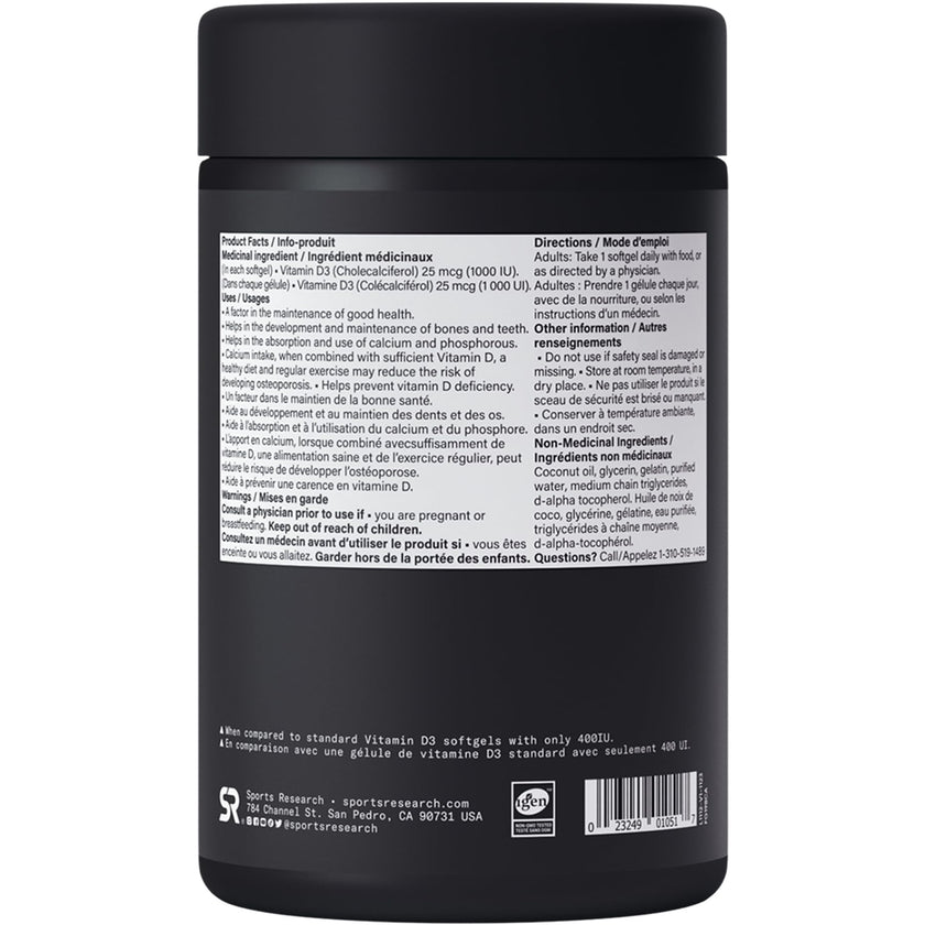 Sports Research® Vitamin D3 1,000 IU with Coconut Oil - Vitamin D for Strong Bones, Teeth, and Maintenance of Good Health - Non-GMO, Gluten & Soy Free - 360 Liquid Softgels 🍁 All In One Marketplace Canada