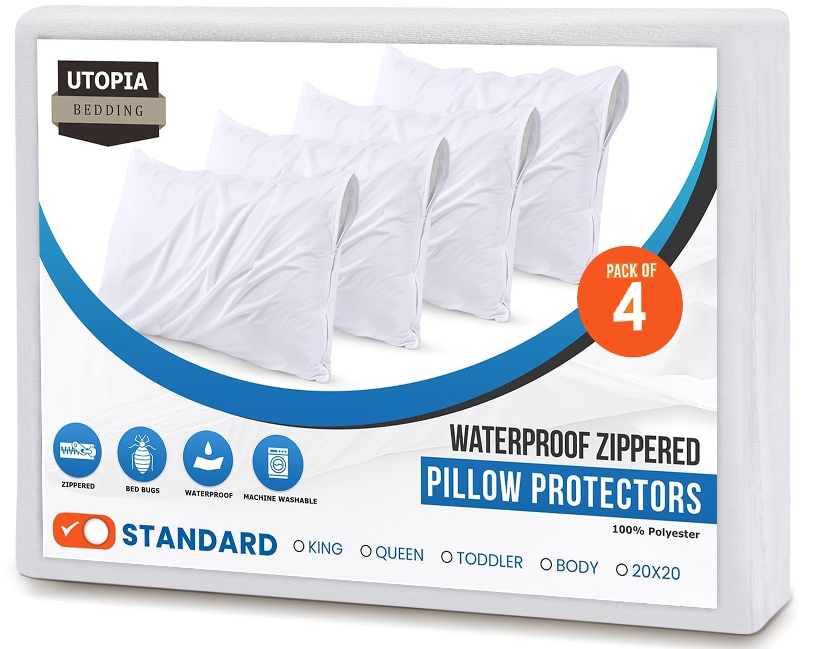 Utopia Bedding Set of 4 Waterproof Pillow Protectors with Zipper Standard Size (White), Ultra Soft Pillow Covers, Bed Bug and Dust Mite Proof Pillow Encasements, Moisture Wicking Pillow Cases 🍁 All In One Marketplace Canada