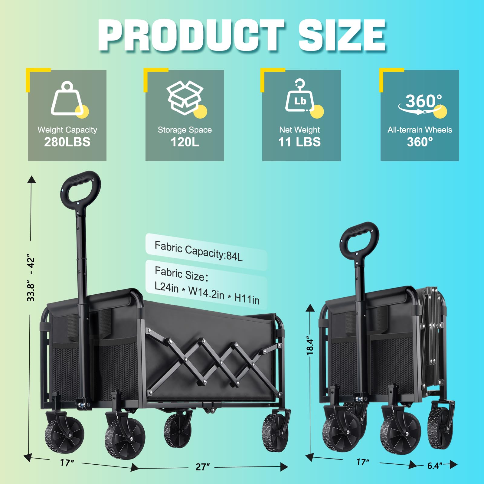 Collapsible Wagon Cart with Wheels Foldable - Lightweight 280LBS Heavy Duty Folding Utility Portable Beach Wagon with All-Terrain Wheels for Groceries Shopping Garden Sports Camping 🍁 All In One Marketplace Canada