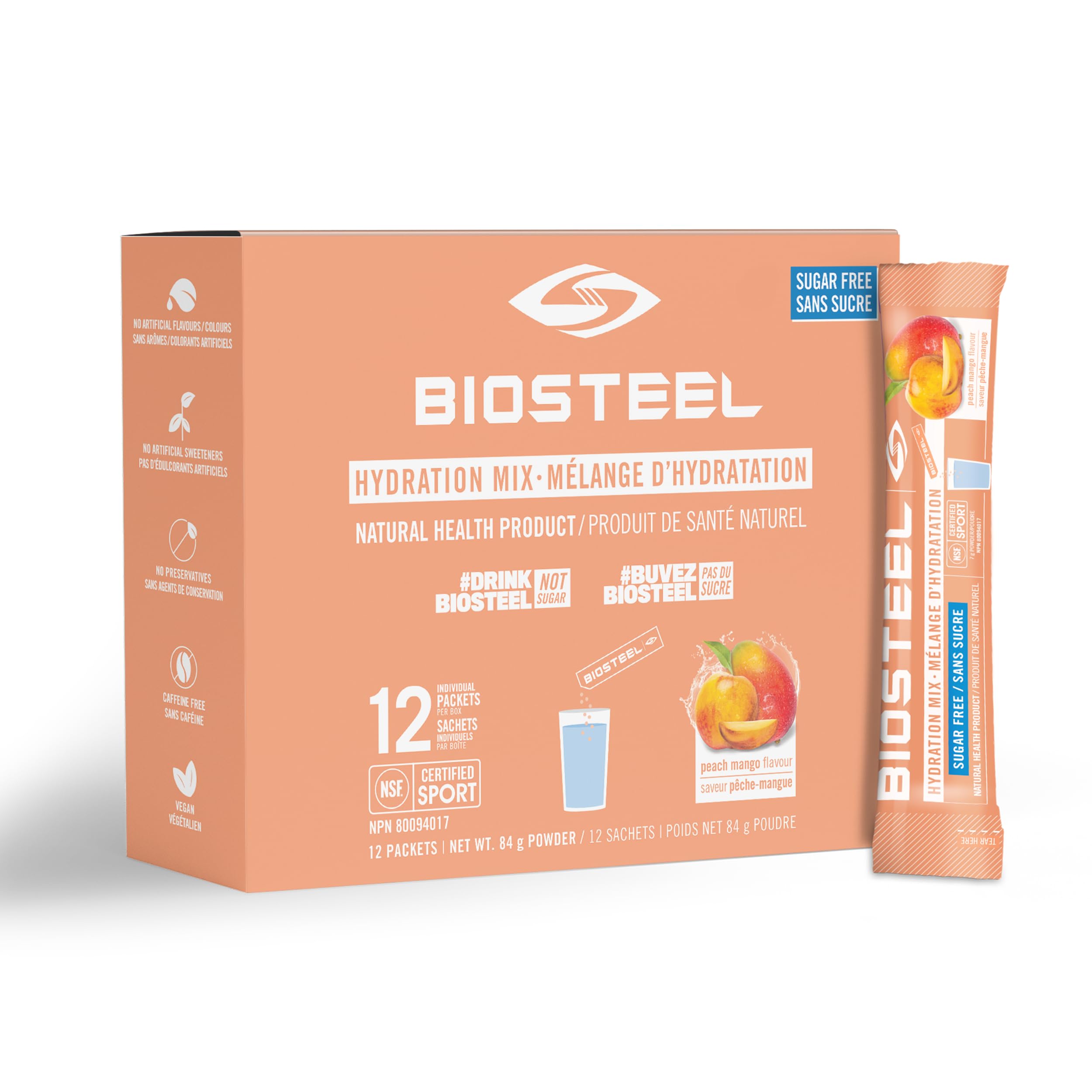 BioSteel Electrolyte Hydration Mix, Peach Mango, 12 Sticks, Zero Sugar 🍁 All In One Marketplace Canada