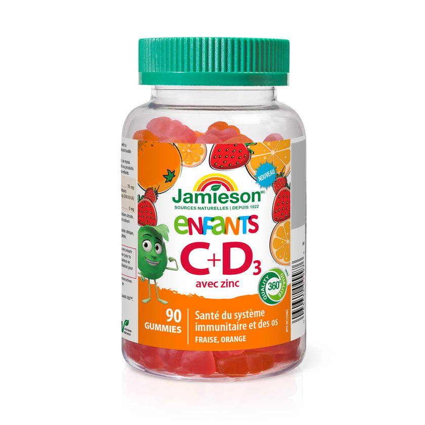 Jamieson Kids Immune Gummies with Vitamin C, Vitamin D & Zinc, 90 Gummies, Strawberry and Orange Flavours, Supports Immune Health, Strong Teeth and Bones, Helps in Wound Healing. Vegetarian, Non-GMO 🍁 All In One Marketplace Canada