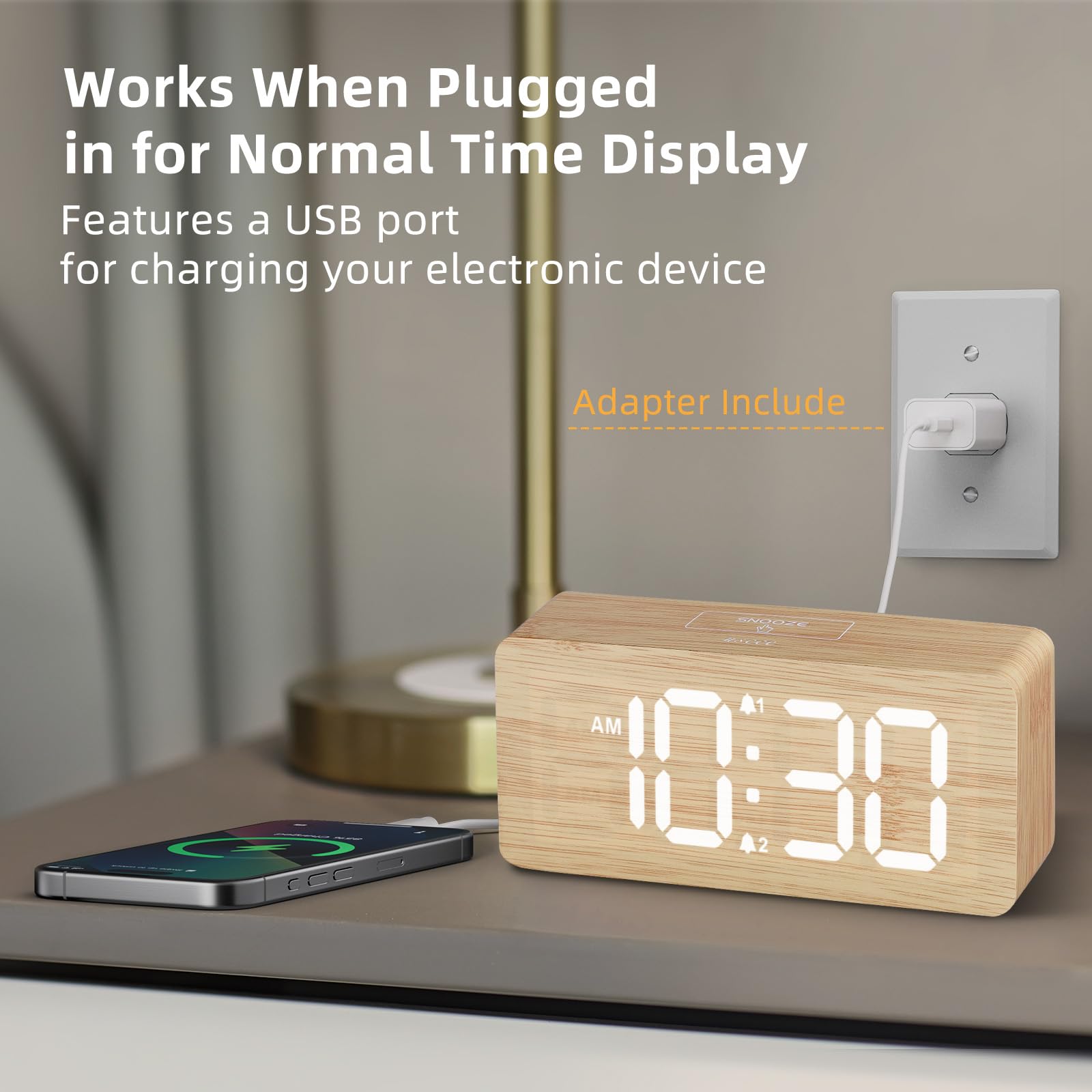Wooden Digital Alarm Clocks for Bedrooms: Dimmable Dual Alarm Clock with Large Numbers for Bedside Desk - Bamboo 🍁 All In One Marketplace Canada