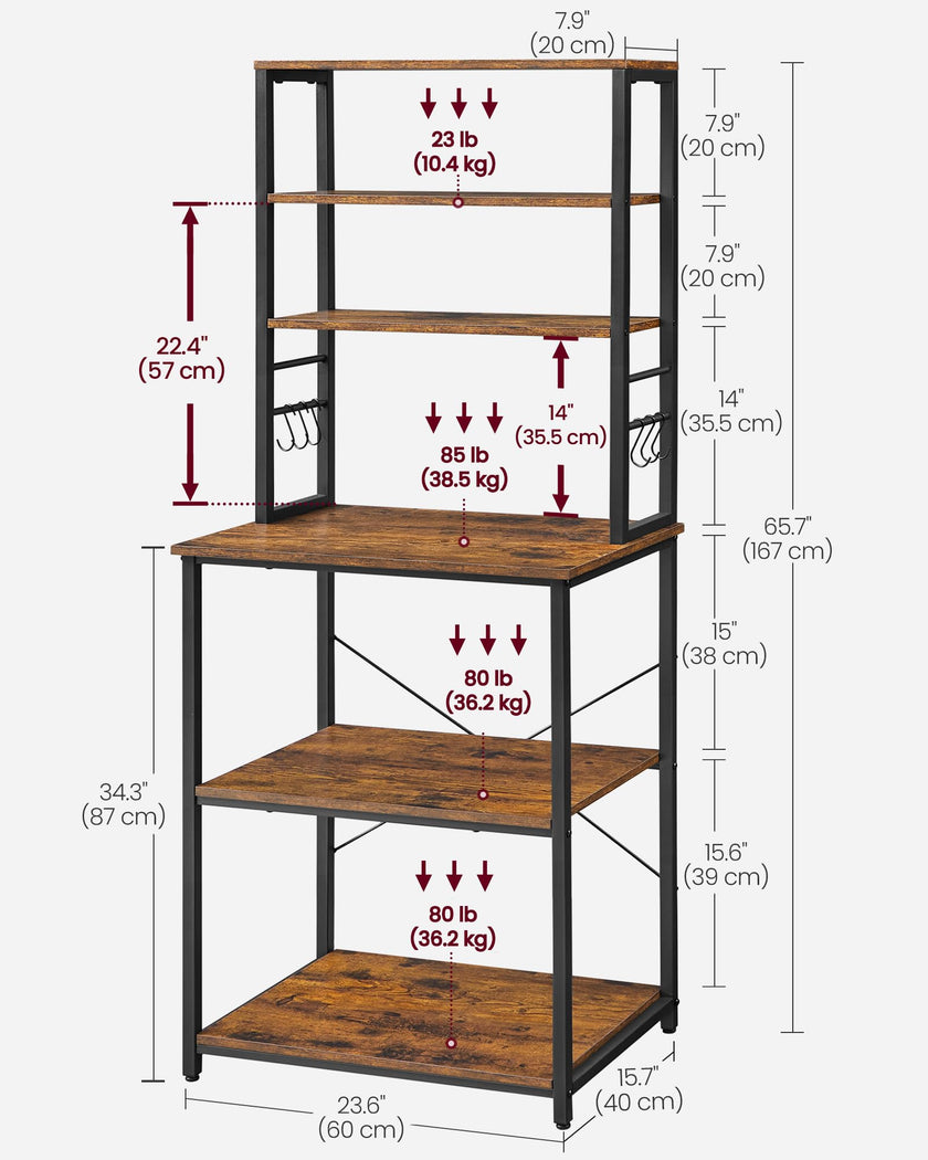 VASAGLE Coffee Bar, Baker’s Rack for Kitchen with Storage, 6-Tier Kitchen Shelves with 6 Hooks, Microwave Stand, Industrial, 15.7 x 23.6 x 65.7 Inches, Rustic Brown and Black UKKS024B01 🍁 All In One Marketplace Canada