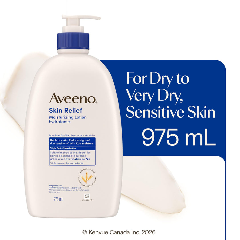 Aveeno Skin Relief Moisturizing Body Lotion Heals Very Dry, Sensitive Skin, fast absorbing Lotion with Soothing Triple Oat & Shea Butter Formula, Fragrance Free Lotion, Non-Comedogenic, 975mL 🍁 All In One Marketplace Canada