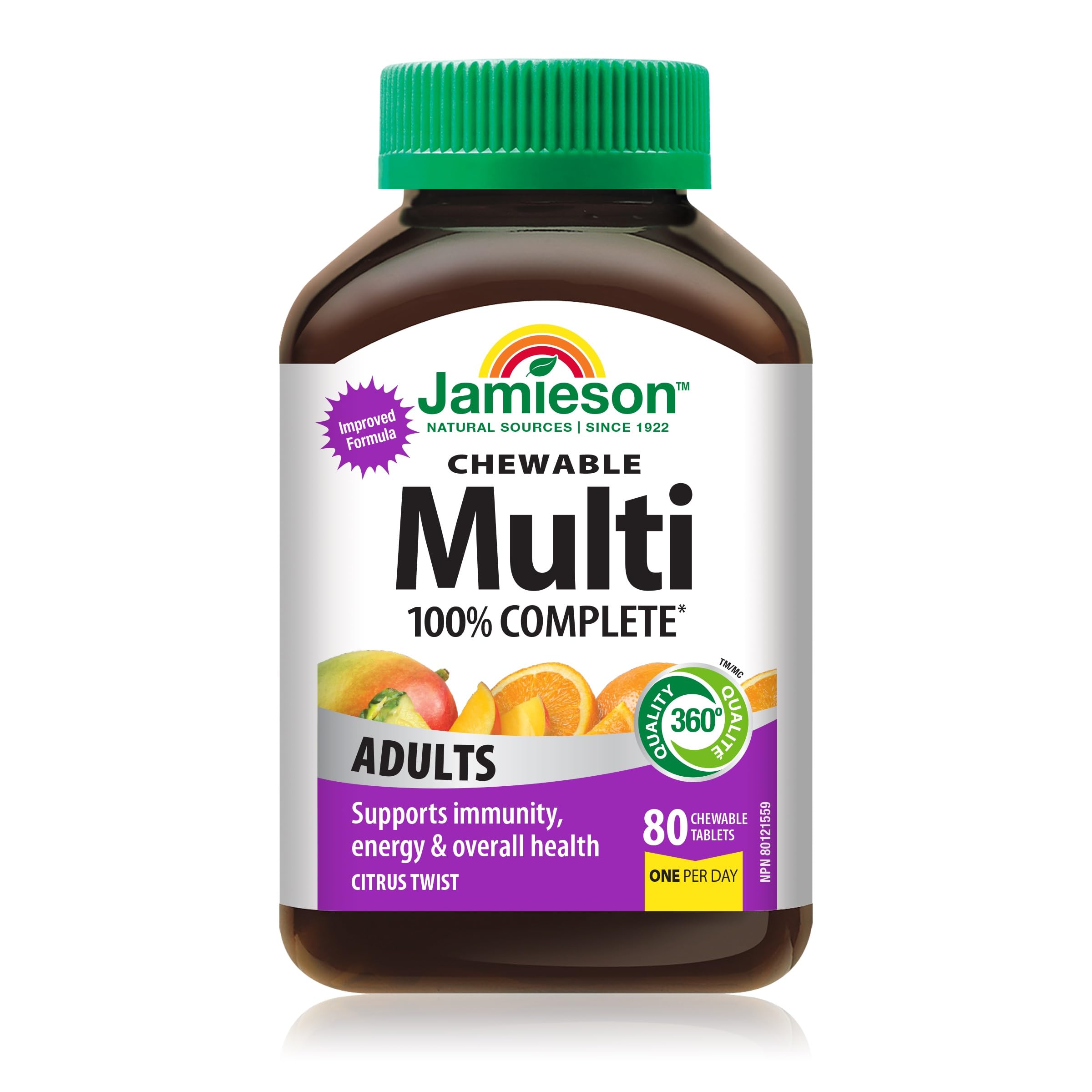 Jamieson 100% Complete Multivitamin Chewable for Adults Citrus Twist Flavour, with Lutein, Calcium, and Biotin. Supports Immunity, Energy, and Overall Health, No Artificial Colours, Flavours, or Preservatives, One Per Day, 80 Count