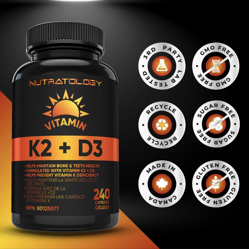 Nutratology® Vitamin K2 + D3 | Canadian-Made | Highest Potency 120MCG/1000 IU - 240 Capsules - Helps Maintain Bone & Teeth Health - Formulated With MK-7 For Best Results - Immune System Support. 🍁 All In One Marketplace Canada