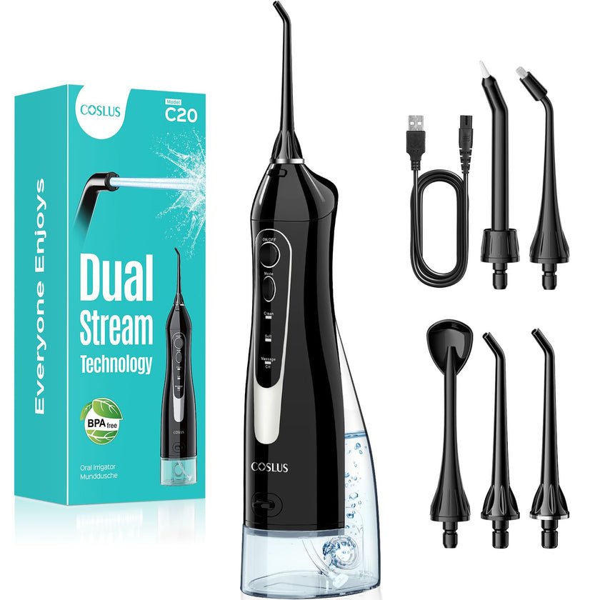 COSLUS Water Teeth Flosser C20 (F5020E): 300ML Cordless Electric Water Tooth Flossing Rechargeable IPX7 Waterproof Portable Travel Flossers Set for Teeth 🍁 All In One Marketplace Canada