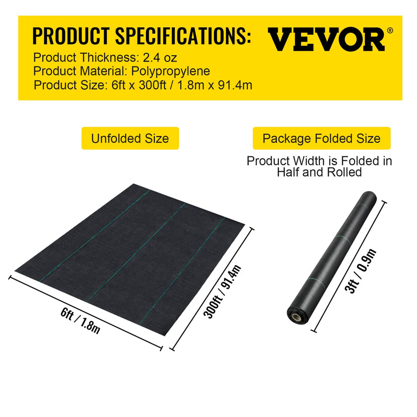 VEVOR 6FTx300FT Premium Weed Barrier Fabric Heavy Duty 2.4OZ, Woven Weed Control Fabric, High Permeability Good for Flower Bed, Geotextile Fabric for Underlayment, Polyethylene Ground Cover 🍁 All In One Marketplace Canada
