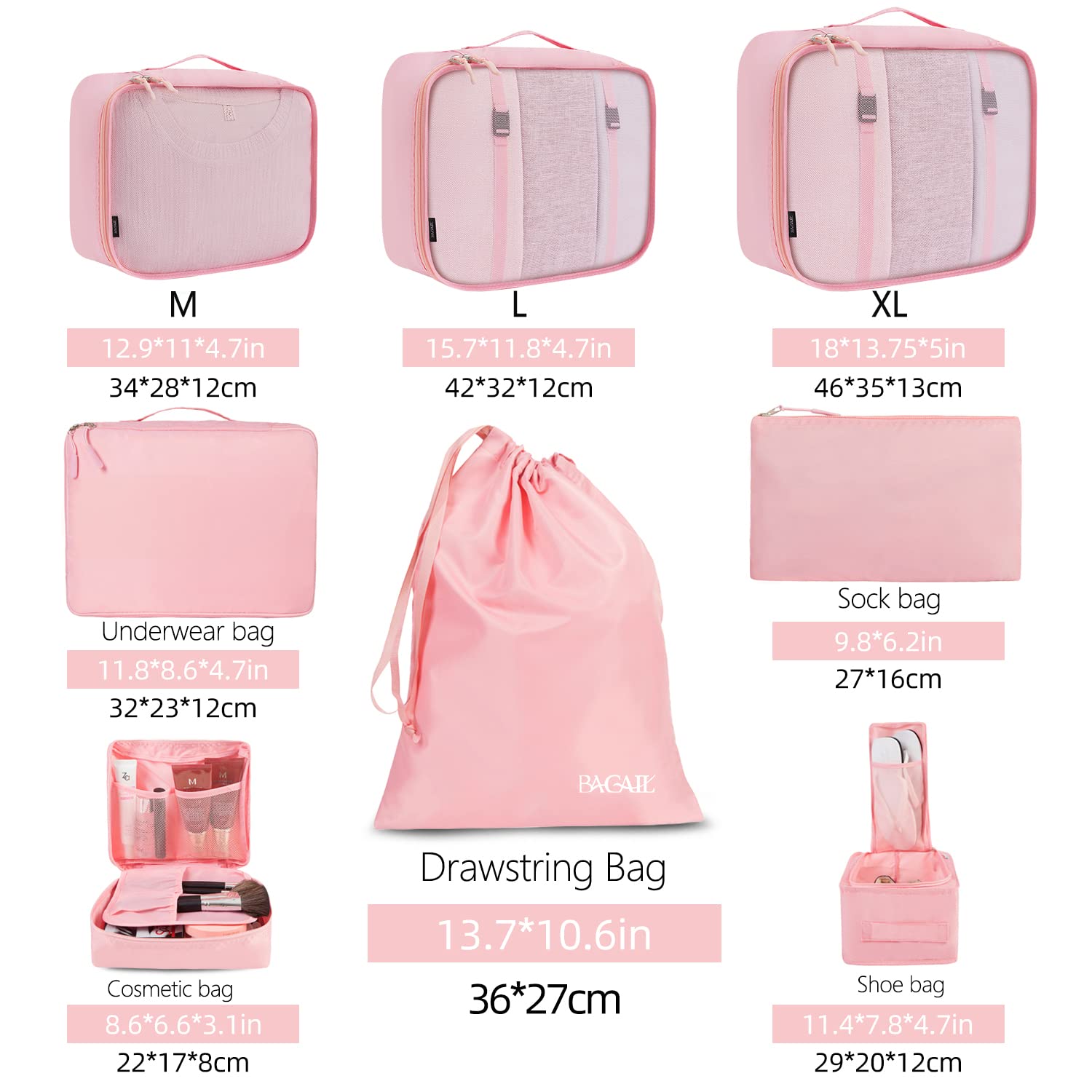 BAGAIL 8 Set Packing Cubes, Lightweight Travel Luggage Organizers with Shoe Bag, Toiletry Bag & Laundry Bag (Blush Pink) 🍁 All In One Marketplace Canada