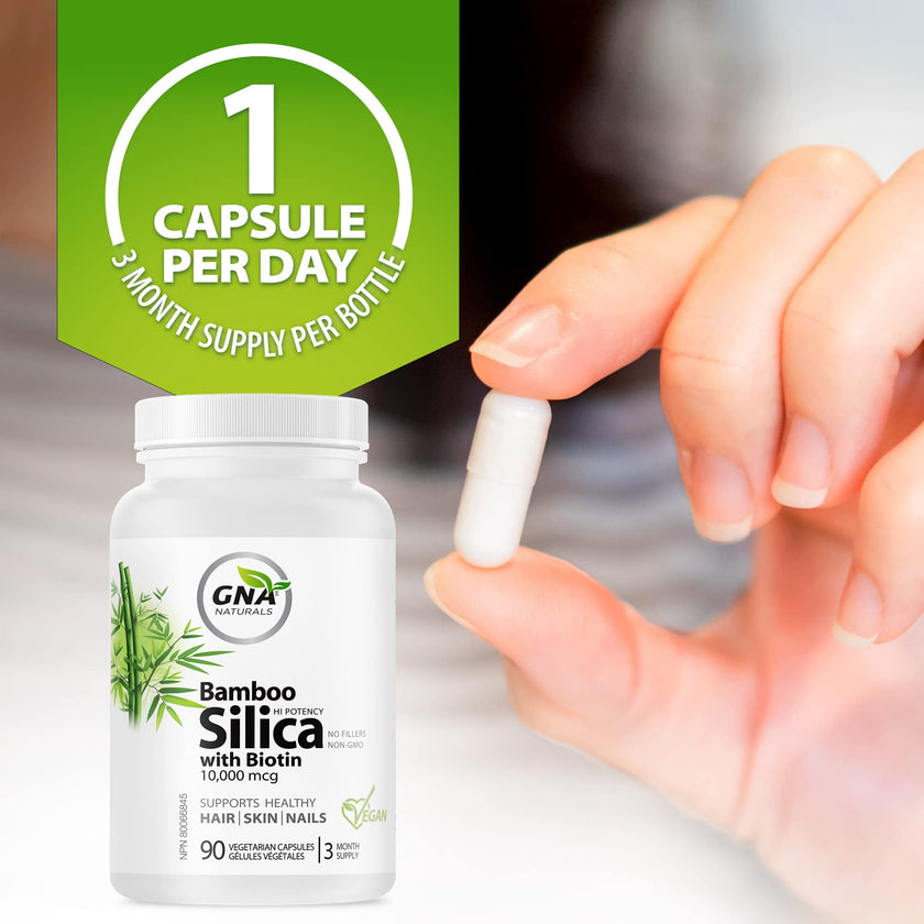 GNA Naturals - Bamboo Silica with Biotin 10,000mcg, 90 v-caps - A Supplement for Radiant Hair, Skin and Nails - Silica Supplement for Hair, Nail, Joint Care and Skin Vitality - Made in Canada 🍁 All In One Marketplace Canada
