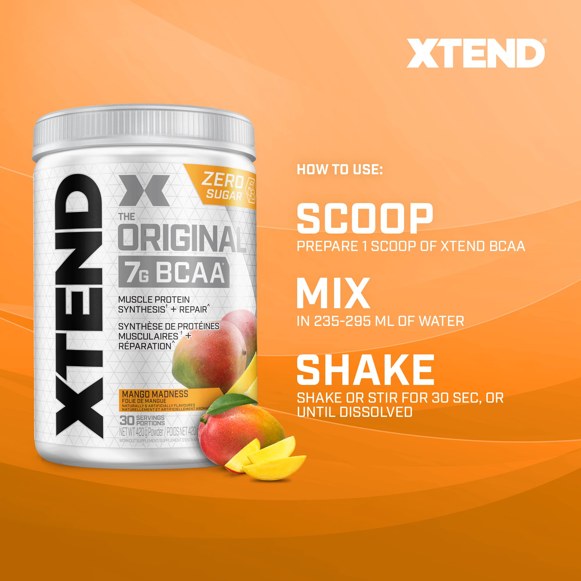 Scivation XTEND Original BCAA Powder - Sugar-Free Muscle Recovery with 7g BCAA, 2.5g L-Glutamine - Mango Madness, 30 Servings 🍁 All In One Marketplace Canada