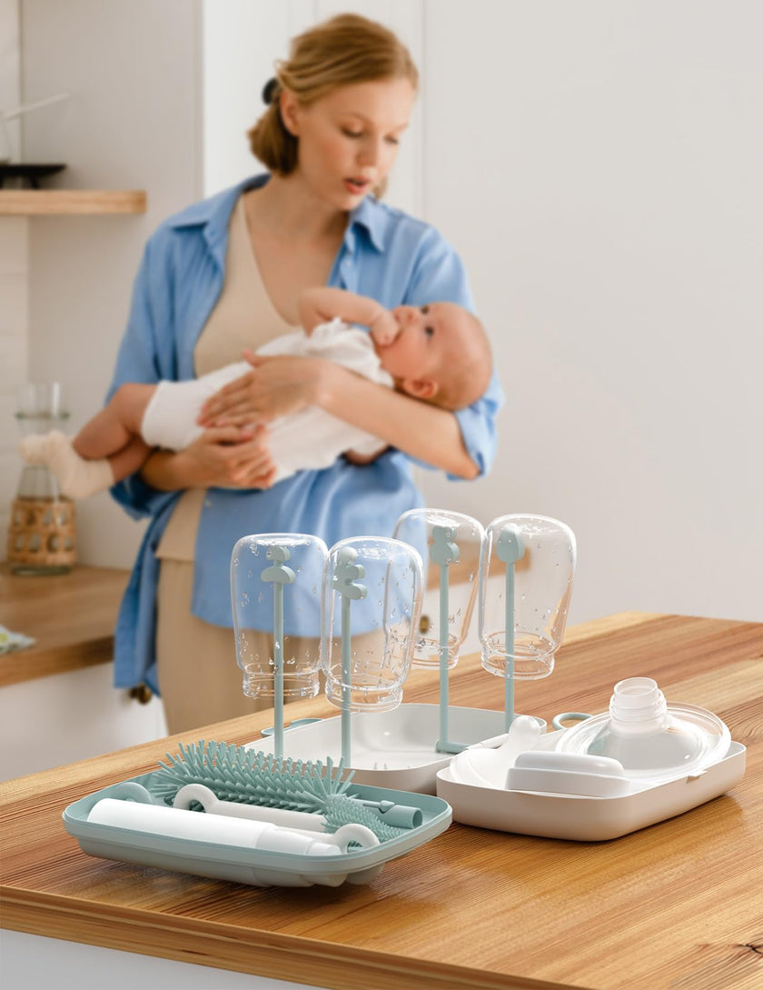 Momcozy 7 in 1 Travel Bottle Cleaning Kit - Baby Bottle Cleaner Set with Silicone Brush, Nipple Brush, Straw Brush, Soap Dispenser, Drying Rack - Home and Travel Bottle Cleaning Tools for Infants 🍁 All In One Marketplace Canada