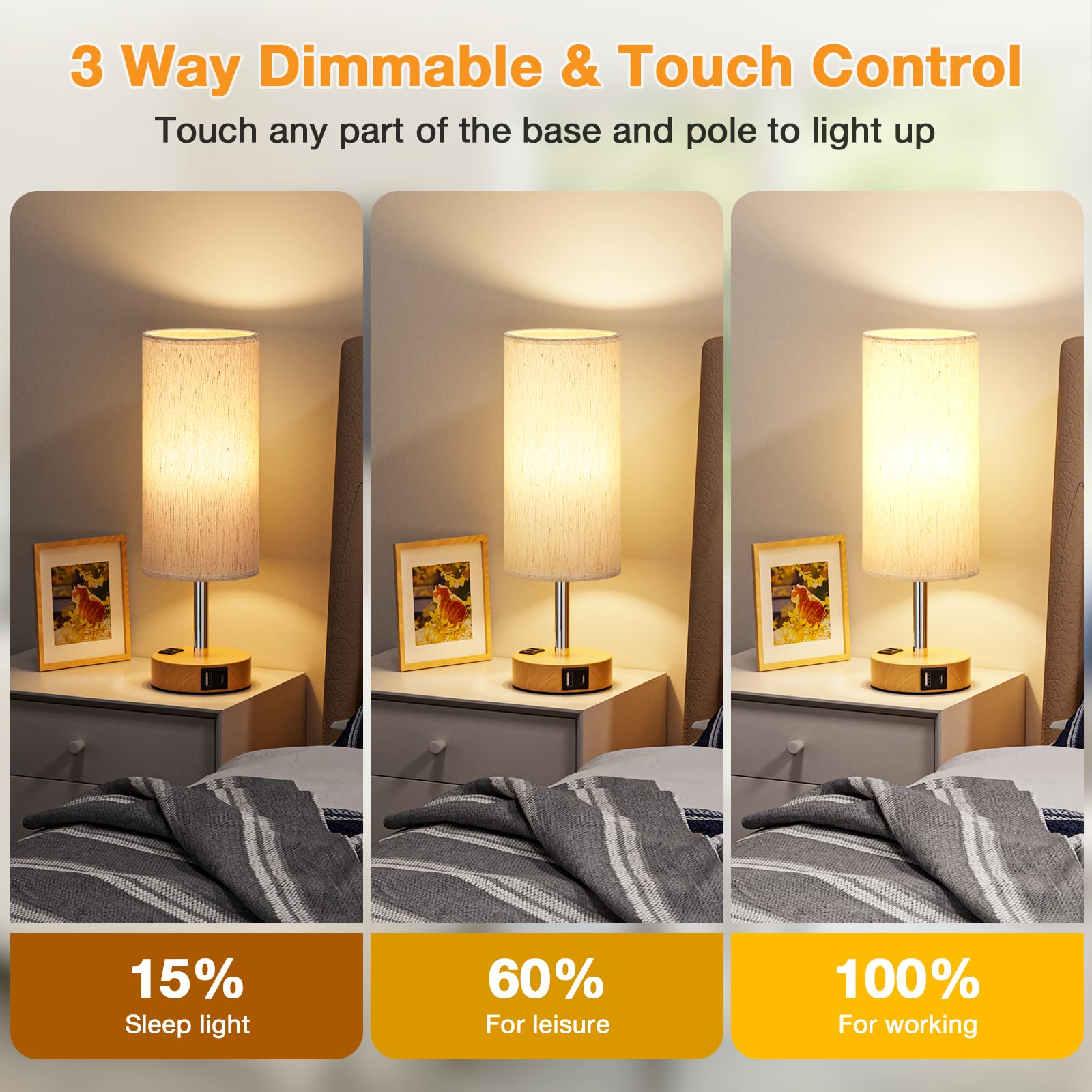 Table Lamp for Bedroom Set of 2 - Touch 3 Way Dimmable Bedside Lamps with USB C and A Ports, Night Lamp for Nightstand with AC Outlet, Desk Lamps for Living Room, Reading Room, Kids Room, Office 🍁 All In One Marketplace Canada