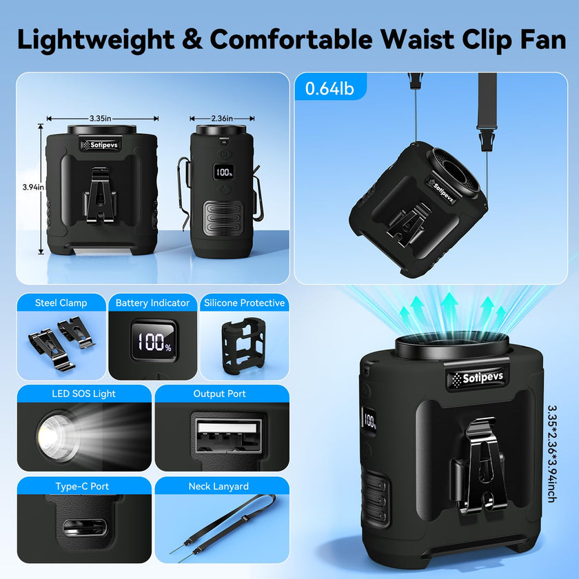 Portable Waist Fan Rechargeable Waist Clip Fan 12000mAh,6 Speeds 16000RPM Strong Airflow Personal Fans with Max 30H Working Time,Hands-Free Hanging Neck Fan,Wearable Belt Fans for Outdoor/Jobsite 🍁 All In One Marketplace Canada