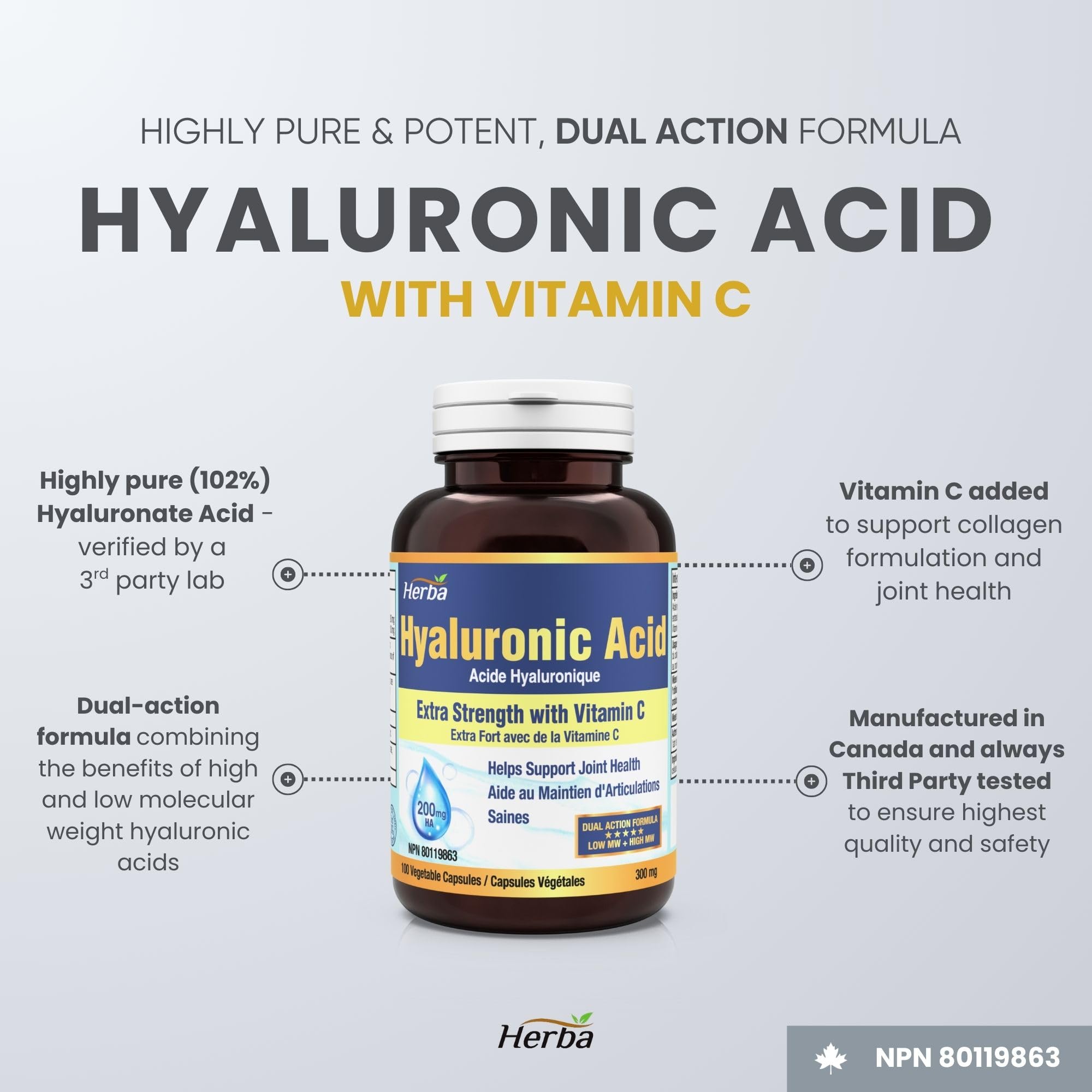 Herba Hyaluronic Acid Supplement 200mg - 100 Capsules | 100% Purity Hyaluronic Acid Capsules with Vitamin C to Support Joint and Bone Health | Made in Canada 🍁 All In One Marketplace Canada