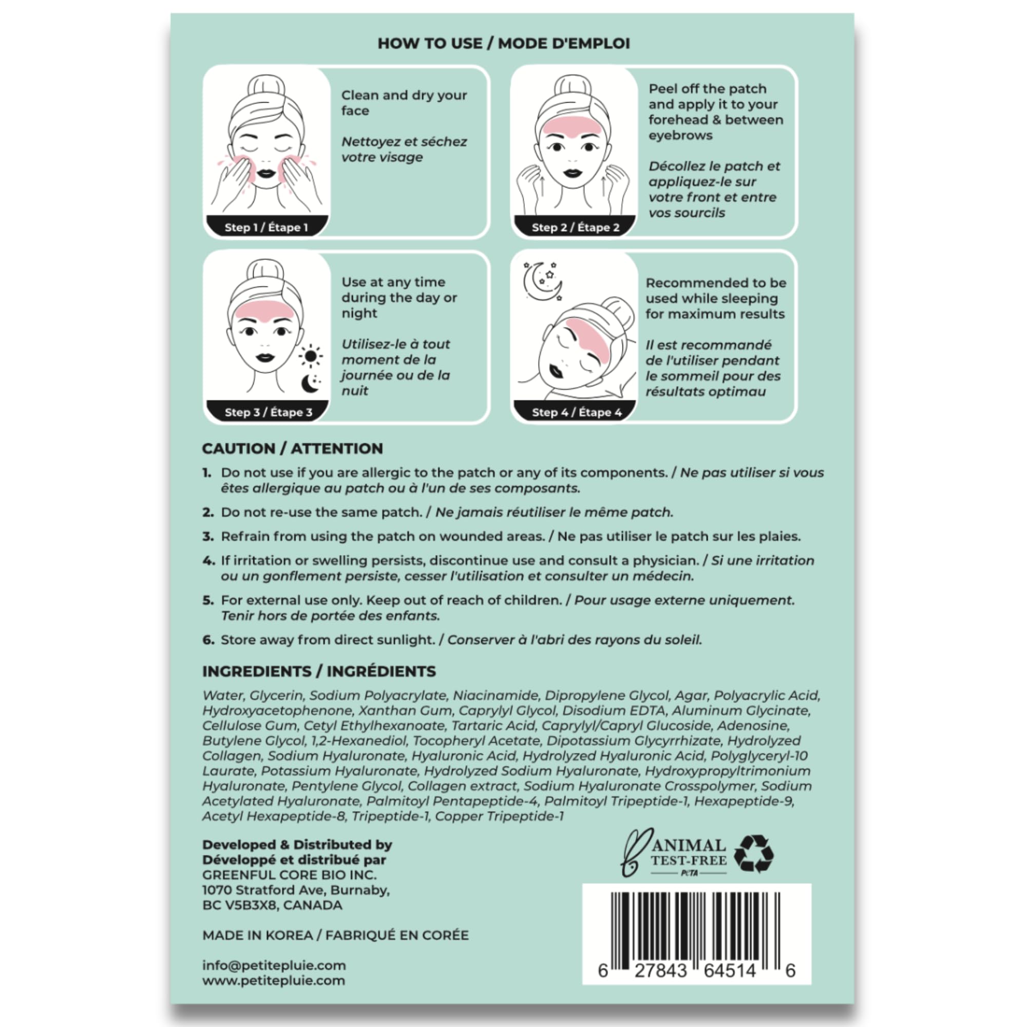 Petite Pluie Overnight Use Advanced Canadian Forehead Smoothing Patches - Premium Hydrogel Non-Sticky Hydration Collagen Face Mask - Superior Adhesion with Extra Large Size for Necklines & Frown Lines Treatment, Made in Korea, 10 Count