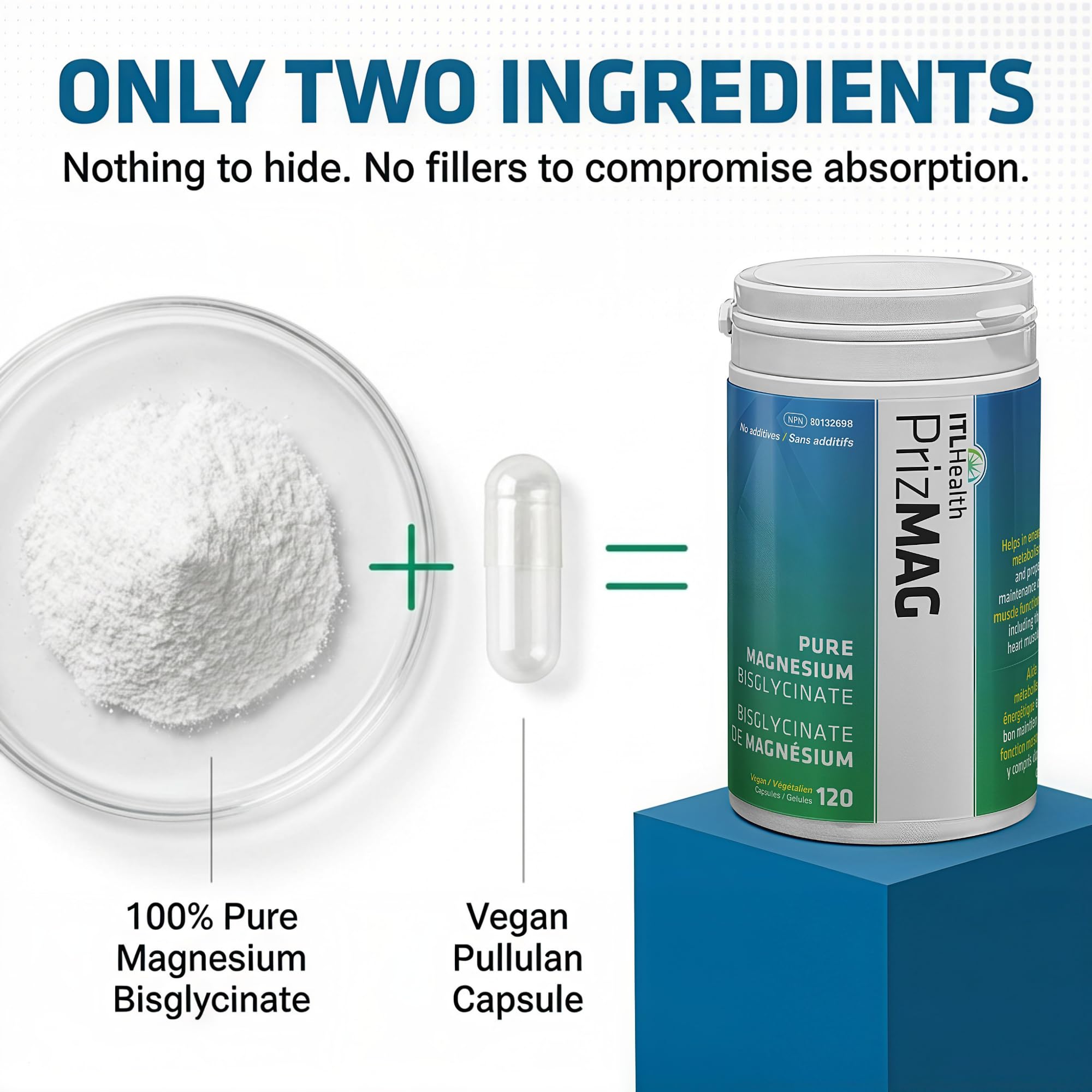 PrizMAG Pure Magnesium Bisglycinate, Magnesium Glycinate, 380mg of Mag Per Serving | Supports Muscle & Bone Health - Gentle on Digestion & High Absorption | Made in Canada - 120 Capsules 🍁 All In One Marketplace Canada