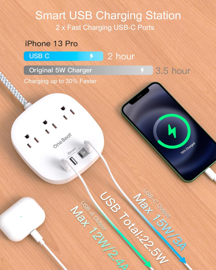 One Beat Flat Plug Power Bar with USB C, 6FT Ultra-Thin Extension Cord, 3 Outlet with 4 USB Ports (2 USB C) Desktop Charging Station, No Surge Protection for Cruise Ship, Travel Essentials, Dorm Room 🍁 All In One Marketplace Canada