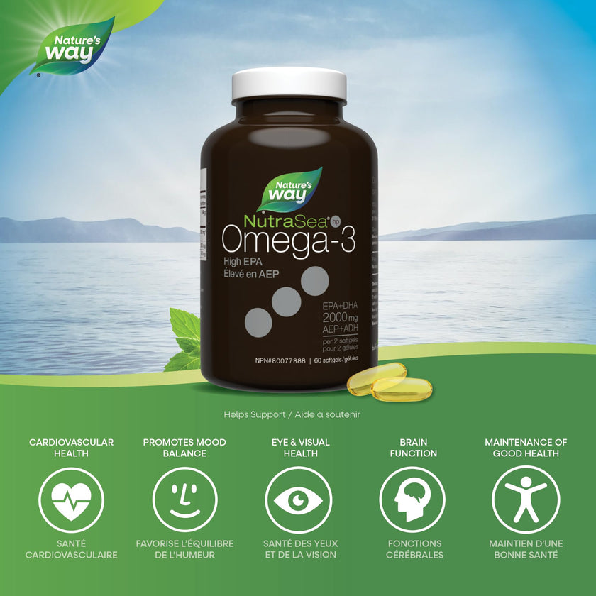 Nature's Way NutraSea HP Omega 3 Extra Strength Supplement with Fish Oil – Fresh Mint Flavour – Heart & Brain Support for Adults and Kids 9+ – 60 Softgels 🍁 All In One Marketplace Canada
