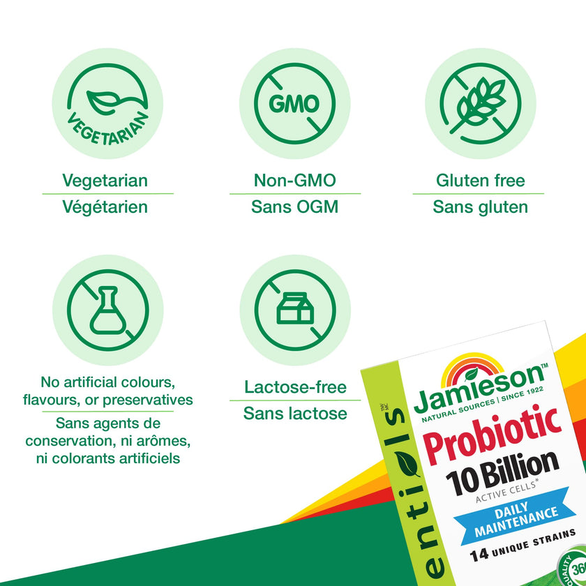 Jamieson Probiotic 10 Billion CFU, 60 Veggie Capsules, Daily Maintenance, Intestinal & Digestive Health. 14 Unique Strains to Improve Microbial Diversity, Bifidobacterium and Lactobacillus, Non-GMO 🍁 All In One Marketplace Canada