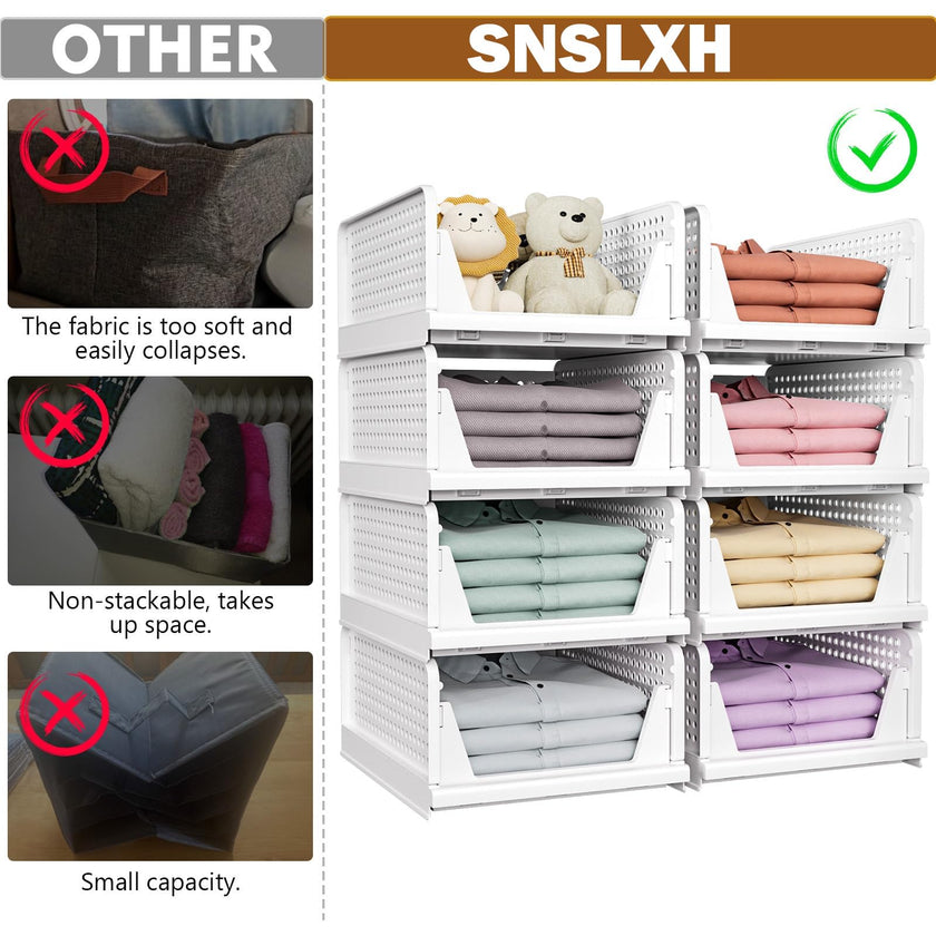 SNSLXH 5 Pack White Stackable Closet Organizer Box, Multifunctional & Foldable Storage Basket for Bathroom, Kitchen, Laundry Room, Wardrobe, Space-Saving Clothes Storage Drawer Organizer 🍁 All In One Marketplace Canada