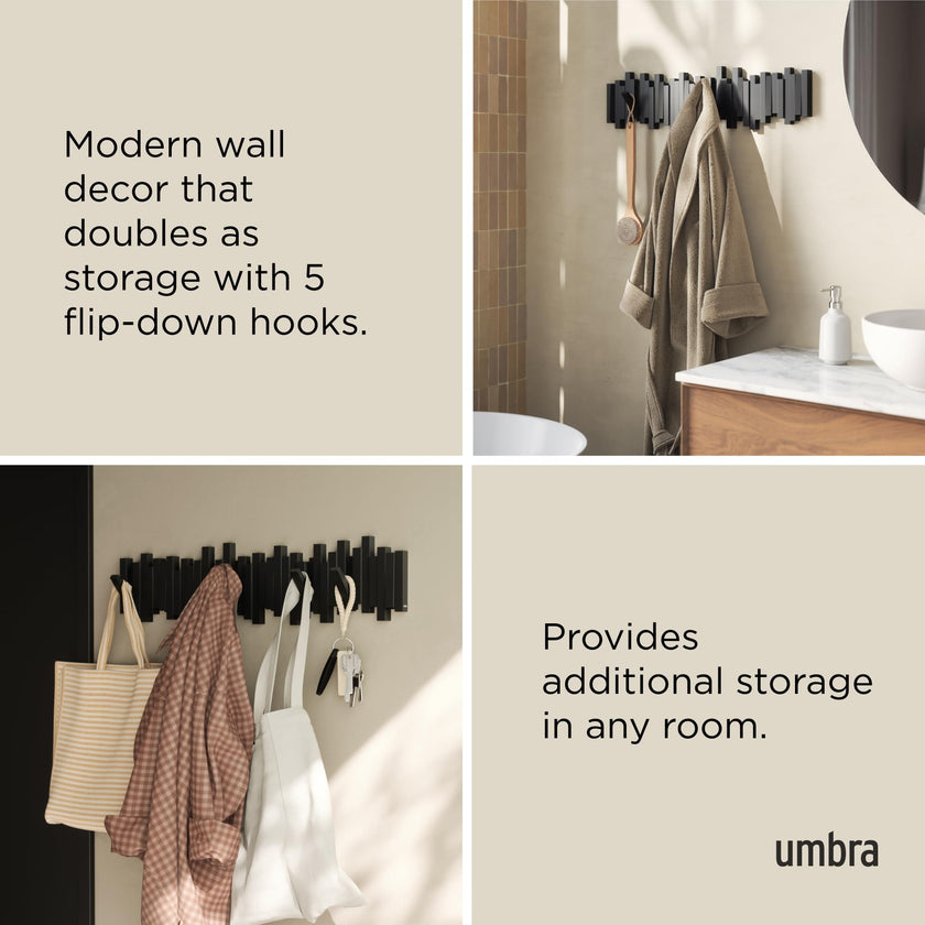 Umbra Sticks Wall-Mounted Coat Rack Rail Hook with 8 Retractable Pegs – Modern, Space-Saving Storage Organizer, Black 🍁 All In One Marketplace Canada