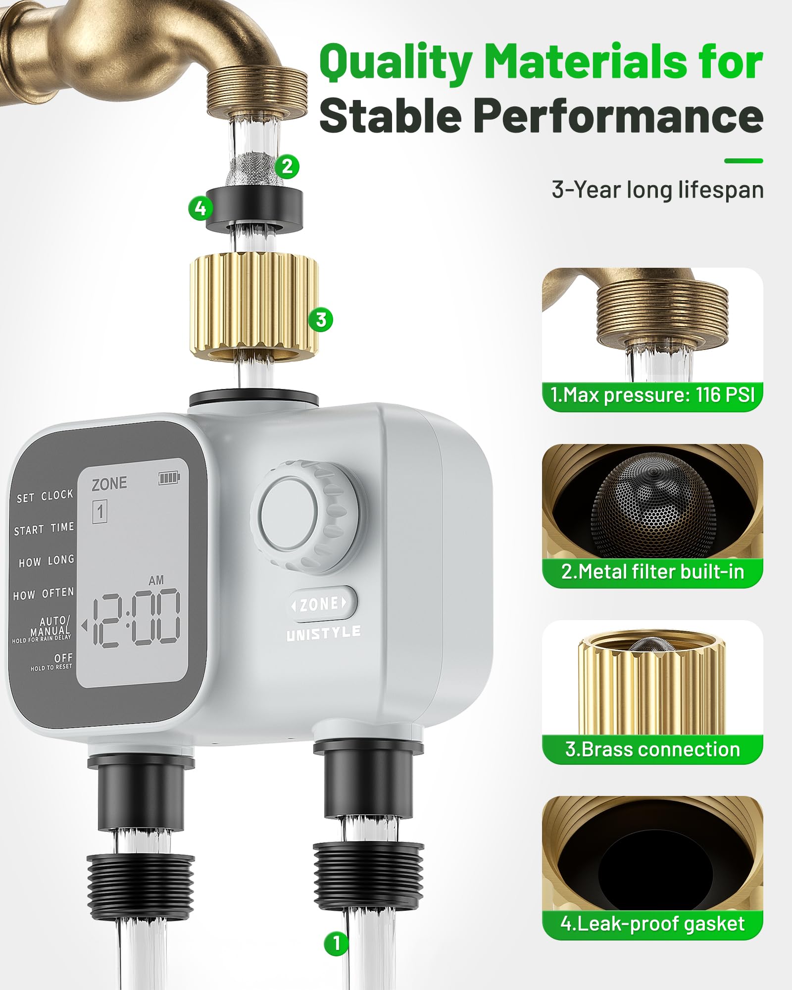 2027 New Upgrade Sprinkler Timer 2 Zone with Brass Inlet, Unistyle Water Timer for Garden Hose with Rain Delay and Manual Water/Automatic Irrigation, Hose Timers for Yard and Lawn Patio 🍁 All In One Marketplace Canada