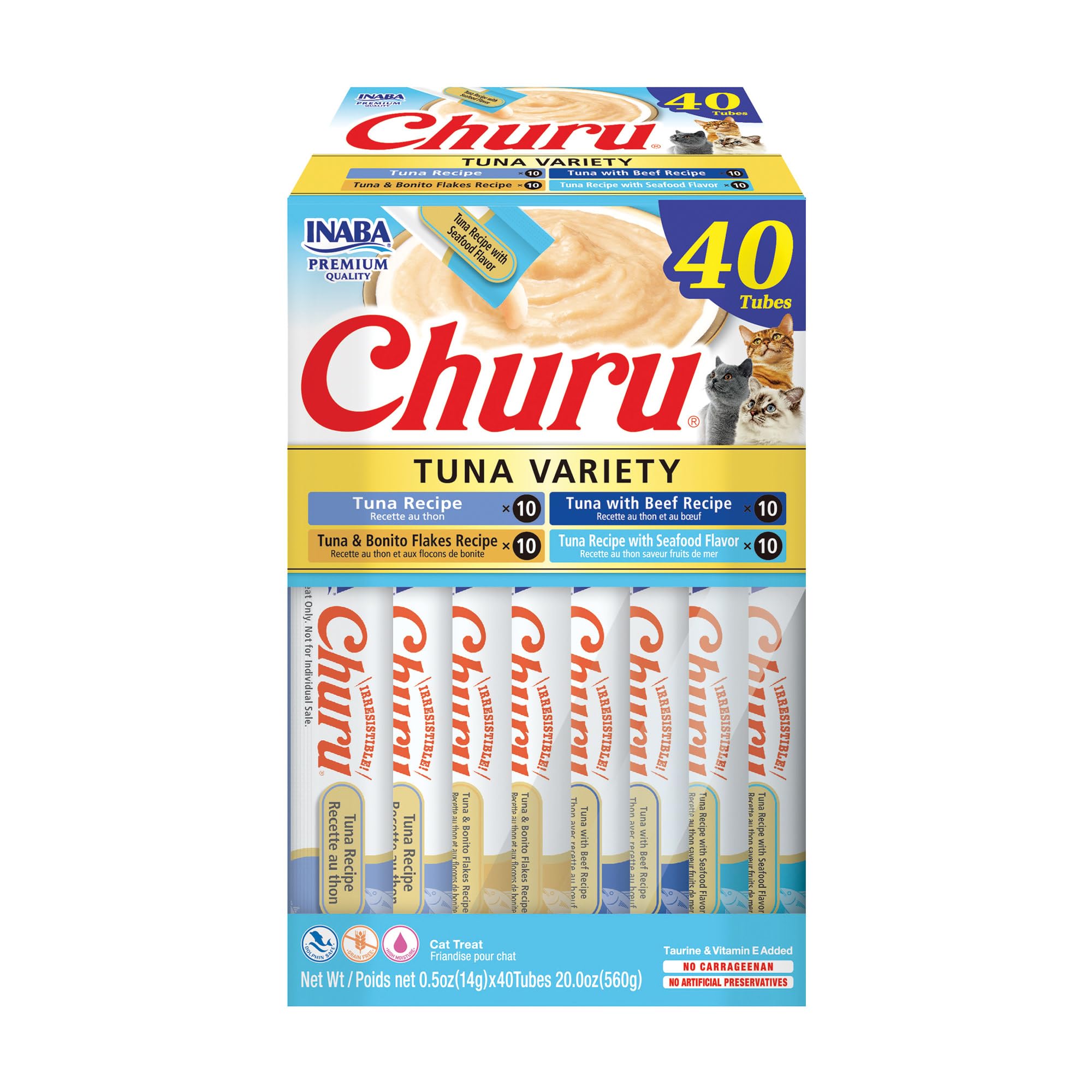 INABA Churu Cat Treats, Lickable, Squeezable Creamy Purée Cat Treat with Green Tea Extract & Taurine, 14 Grams Each Tube, 40 Tubes, Tuna Variety Box 🍁 All In One Marketplace Canada