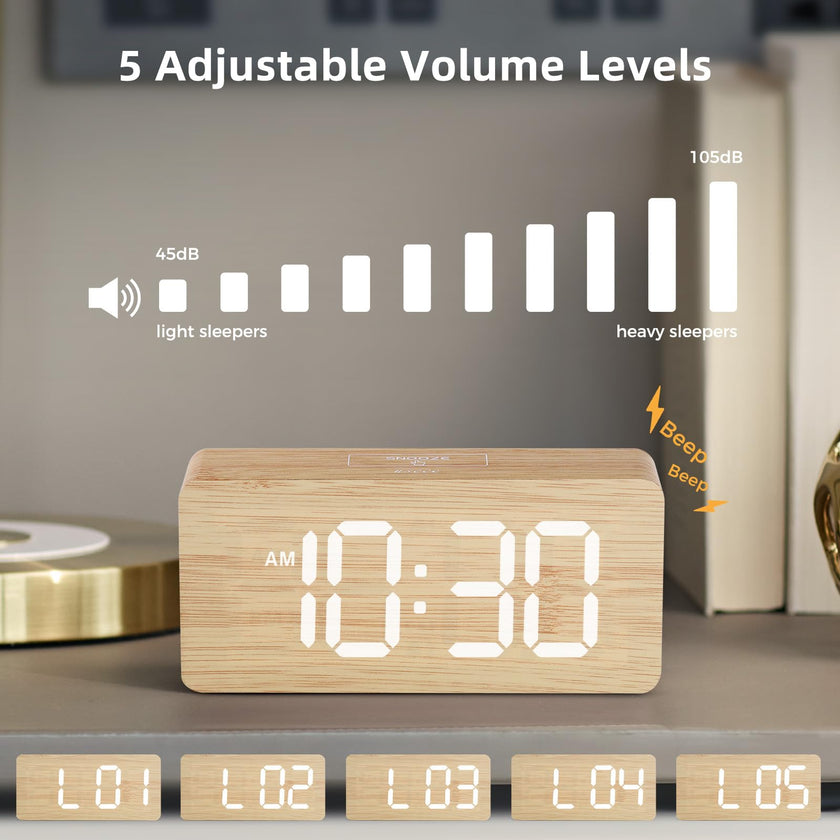 Wooden Digital Alarm Clocks for Bedrooms: Dimmable Dual Alarm Clock with Large Numbers for Bedside Desk - Bamboo 🍁 All In One Marketplace Canada