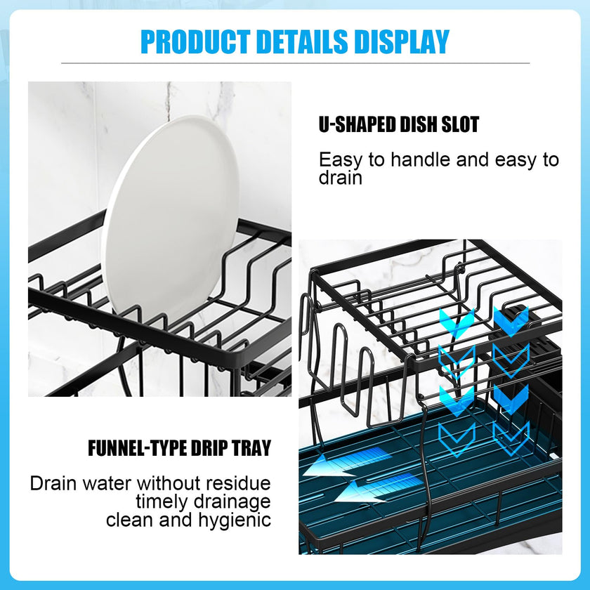 7 code Large Dish Drying Rack for Kitchen Counter,Detachable Large Capacity Dish Drainer Organizer with Utensil Holder,2-Tier Dish Drying Rack with Drain Board,Black 🍁 All In One Marketplace Canada