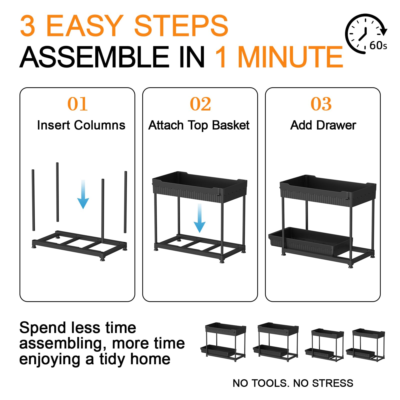 Sevenblue 4 Pack Under Sink Organizer and Storage,Bathroom Organizers, Multi-Use Under Sink Organizer for Bathroom and Kitchen with Sliding Drawer, Hang Hooks and Cup (Black, L) 🍁 All In One Marketplace Canada