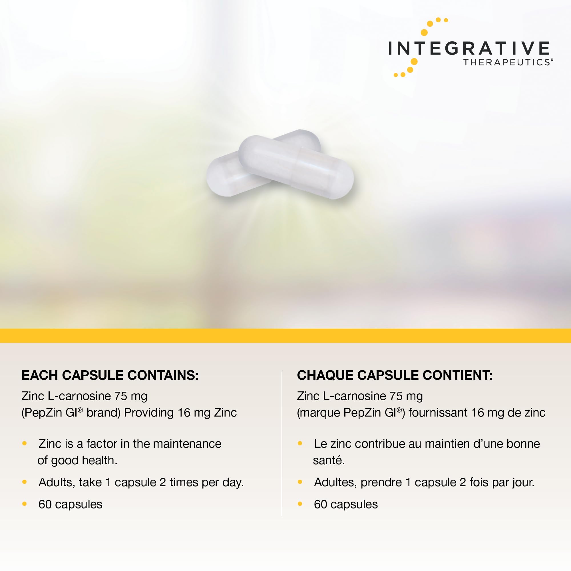 Integrative Therapeutics Zinc Carnosine – Premium Zinc Supplement – 75mg of Zinc Carnosine – Factor in the Maintenance of Good Health - PepZin GI – 60 Capsules 🍁 All In One Marketplace Canada