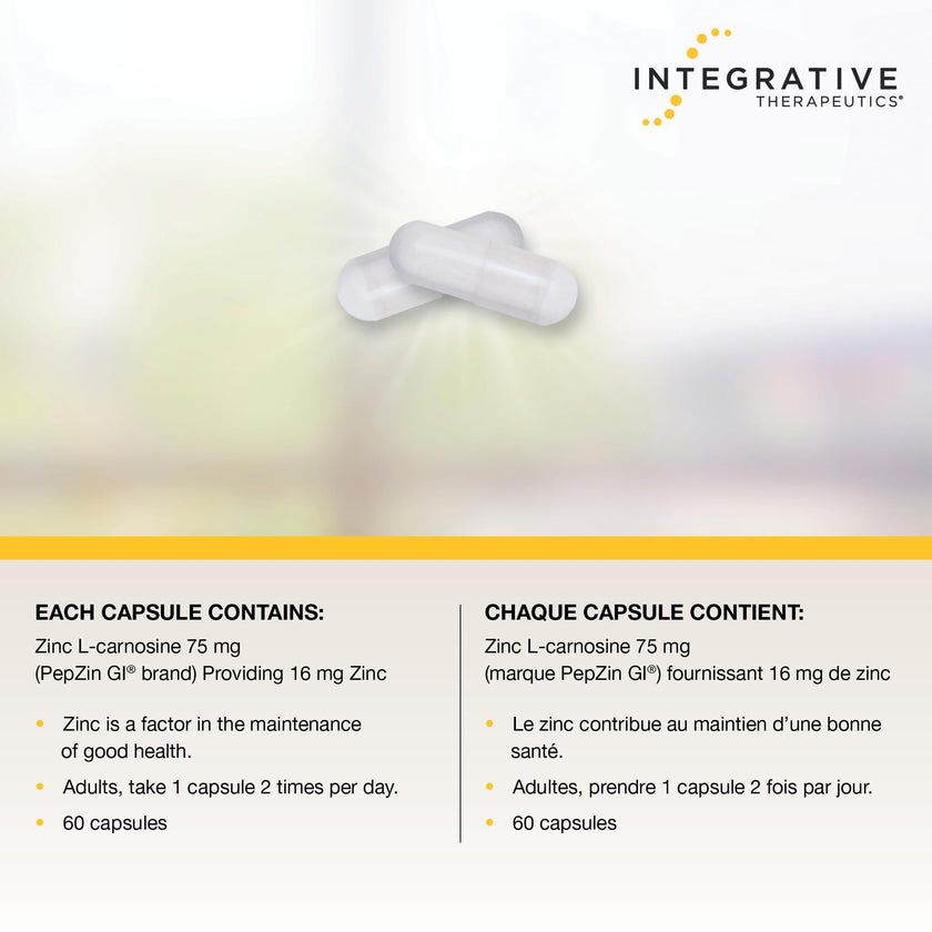 Integrative Therapeutics Zinc Carnosine – Premium Zinc Supplement – 75mg of Zinc Carnosine – Factor in the Maintenance of Good Health - PepZin GI – 60 Capsules 🍁 All In One Marketplace Canada
