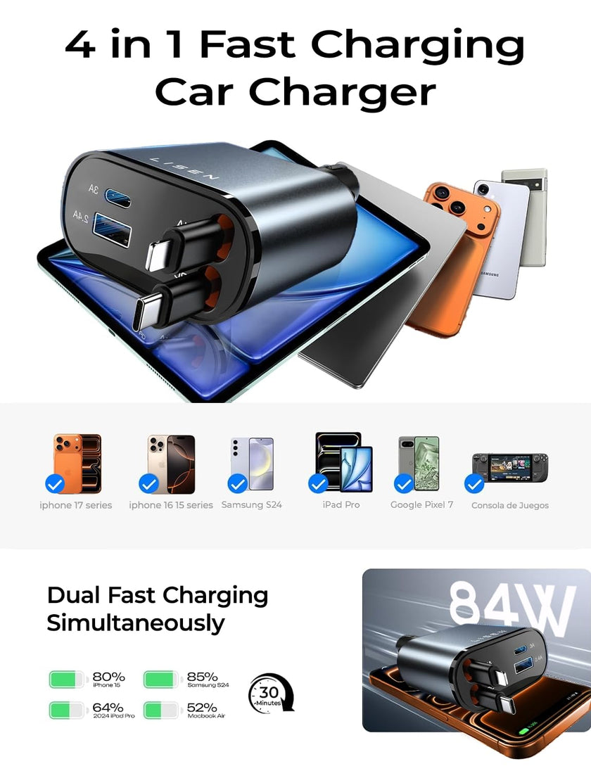 LISEN Retractable Car Charger, for Gifts for Him Her, 84W Cars Adapter USB C Fast Charger for iPhone 17 Pro Max, Car Accessories Gadgets for Men, Anniversary Birthday Gifts for Men Women 🍁 All In One Marketplace Canada