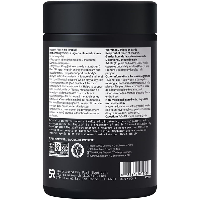 Sports Research® Magtein Magnesium L-Threonate Capsules - Magnesium Supplement for Memory, Focus & Cognition - 144mg Elemental Magnesium per Dose - Supports Sleep & Mood, 90 Capsules for Adults 🍁 All In One Marketplace Canada
