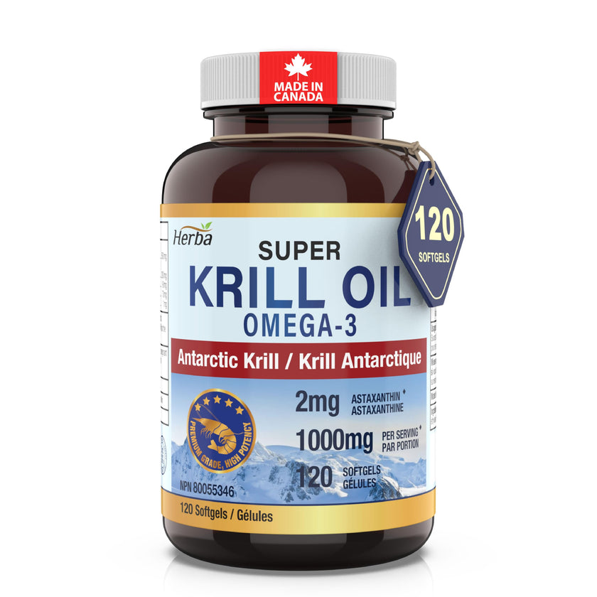 Herba Krill Oil Omega 3 Supplements - 120 Softgels | 1000mg of Antarctic Krill Oil Per Day (2 softgels 500mg each) | Source of Omega 3 Fatty Acids | High Astaxanthin | Premium Grade - 500mg per Soft Gel | Made in Canada 🍁 All In One Marketplace Canada