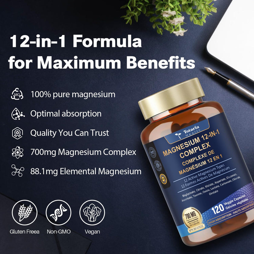 Totaria Magnesium Complex 700mg 12 in 1 Magnesium Supplement with Glycinate Citrate Malate Oxide Taurate Aspartate Orotate Magnesium Relaxation,Muscle,Heart Support, Vegan 120 Capsules 🍁 All In One Marketplace Canada