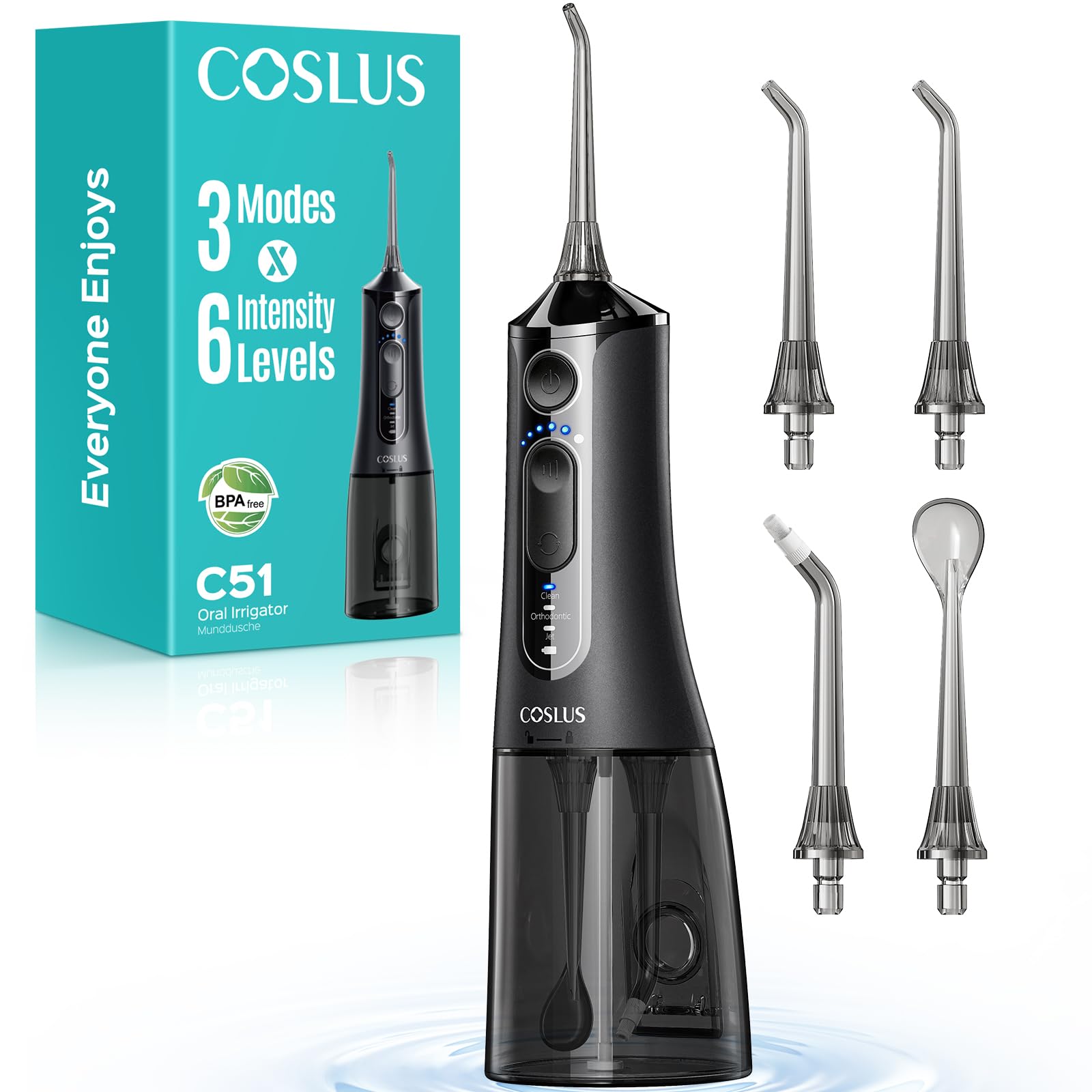 COSLUS C51 Portable Water Teeth Flosser: 3 Modes & 6 Pressure Settings for Whole Family Various Cleaning Need, Jet Mode for Beginner-Friendly, Compact for Travel, 300ml Tank, IPX7 Waterproof, Black 🍁 All In One Marketplace Canada
