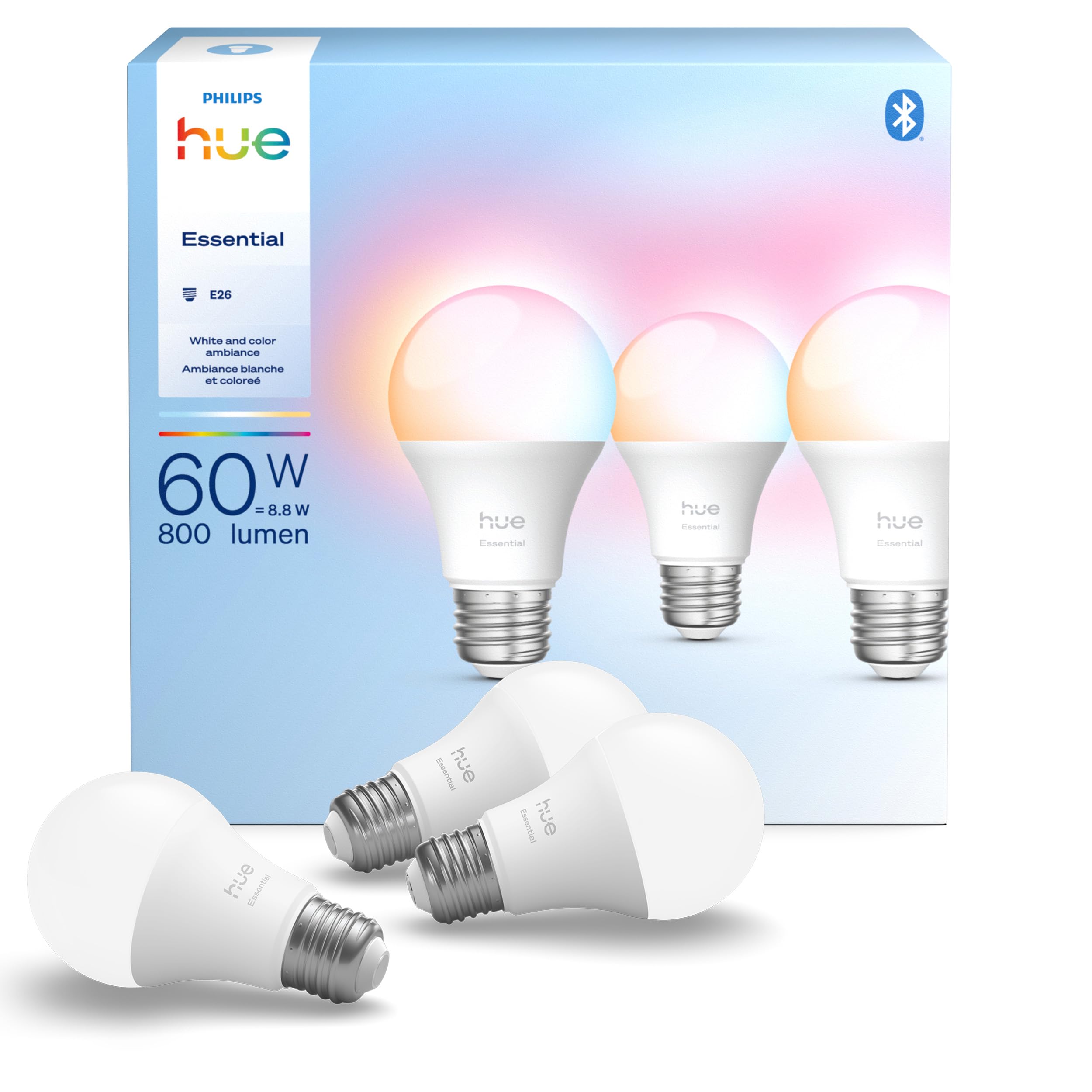 Philips Hue Essential Smart LED A19 Bulb, White and Color Ambiance, E26 Base, 8.8W, 2200K-6500K, 800 Lumens, Dimmable, Works with Alexa, Google Assistant, and Apple Home, 3 Pack 🍁 All In One Marketplace Canada