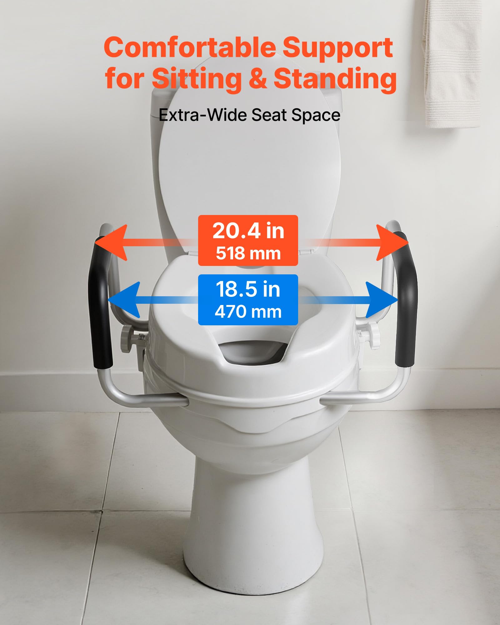 VEVOR Raised Toilet Seat with Arms, 300 lbs Load Capacity, 4-Inch Lift Height, Widened Commode Elevated Toilet Seat Riser with Padded Handles for Seniors, Elderly, Handicap, Disabled, and Adults Use 🍁 All In One Marketplace Canada